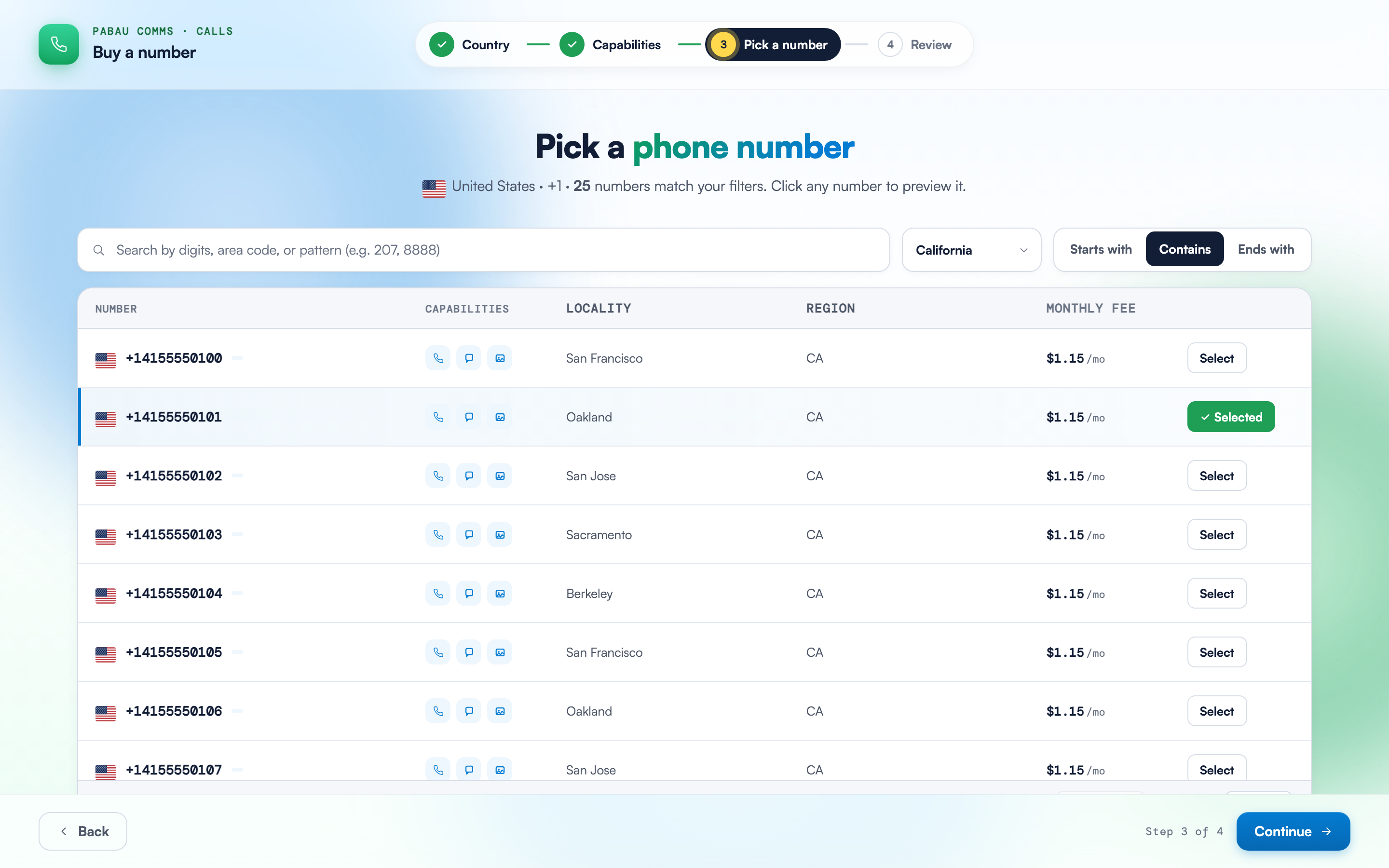 The Pick a number step showing a table of available US numbers filtered to California, with one number marked Selected