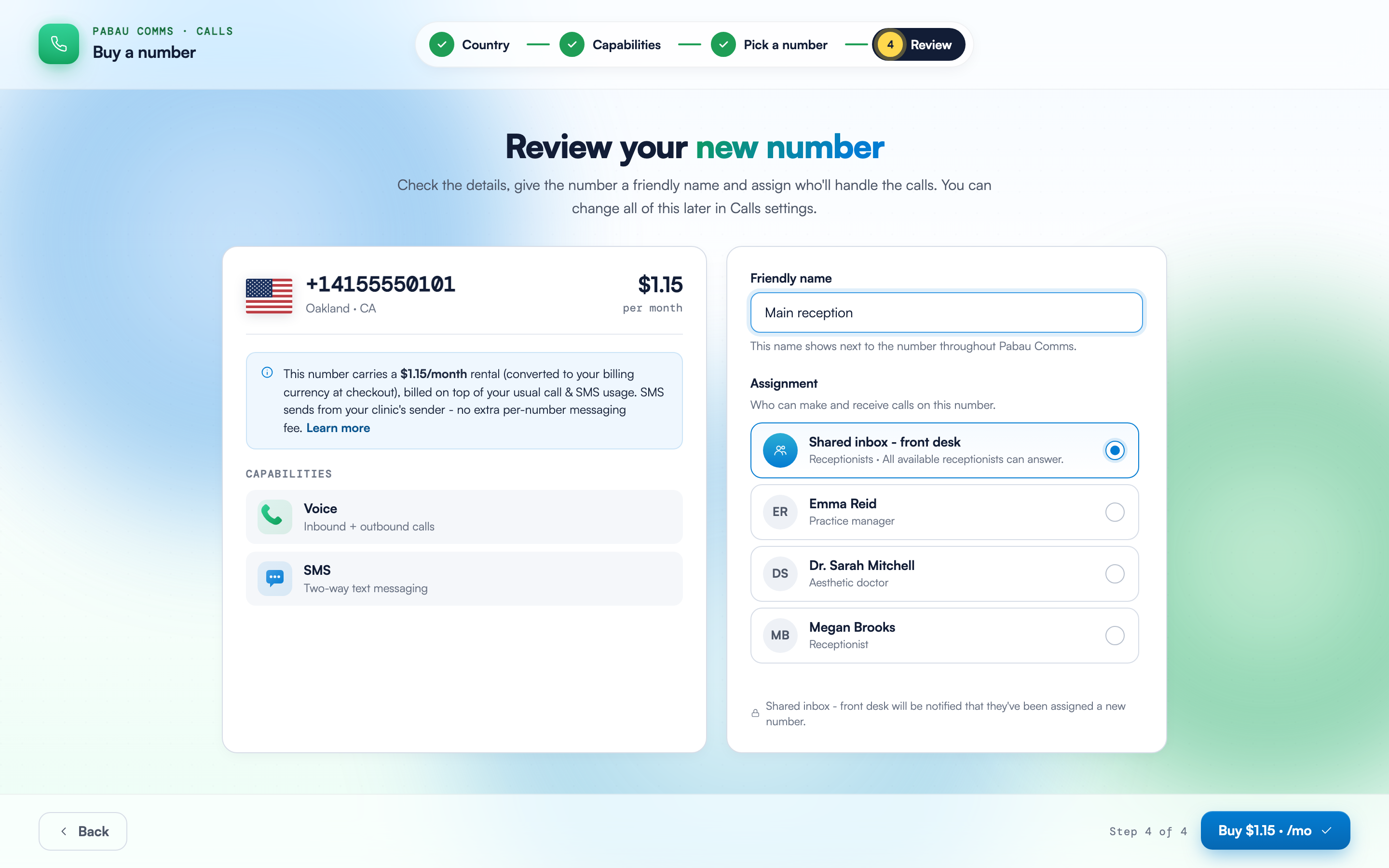 The Review step with the number summary card and monthly fee on the left, and the Friendly name field and Assignment list on the right