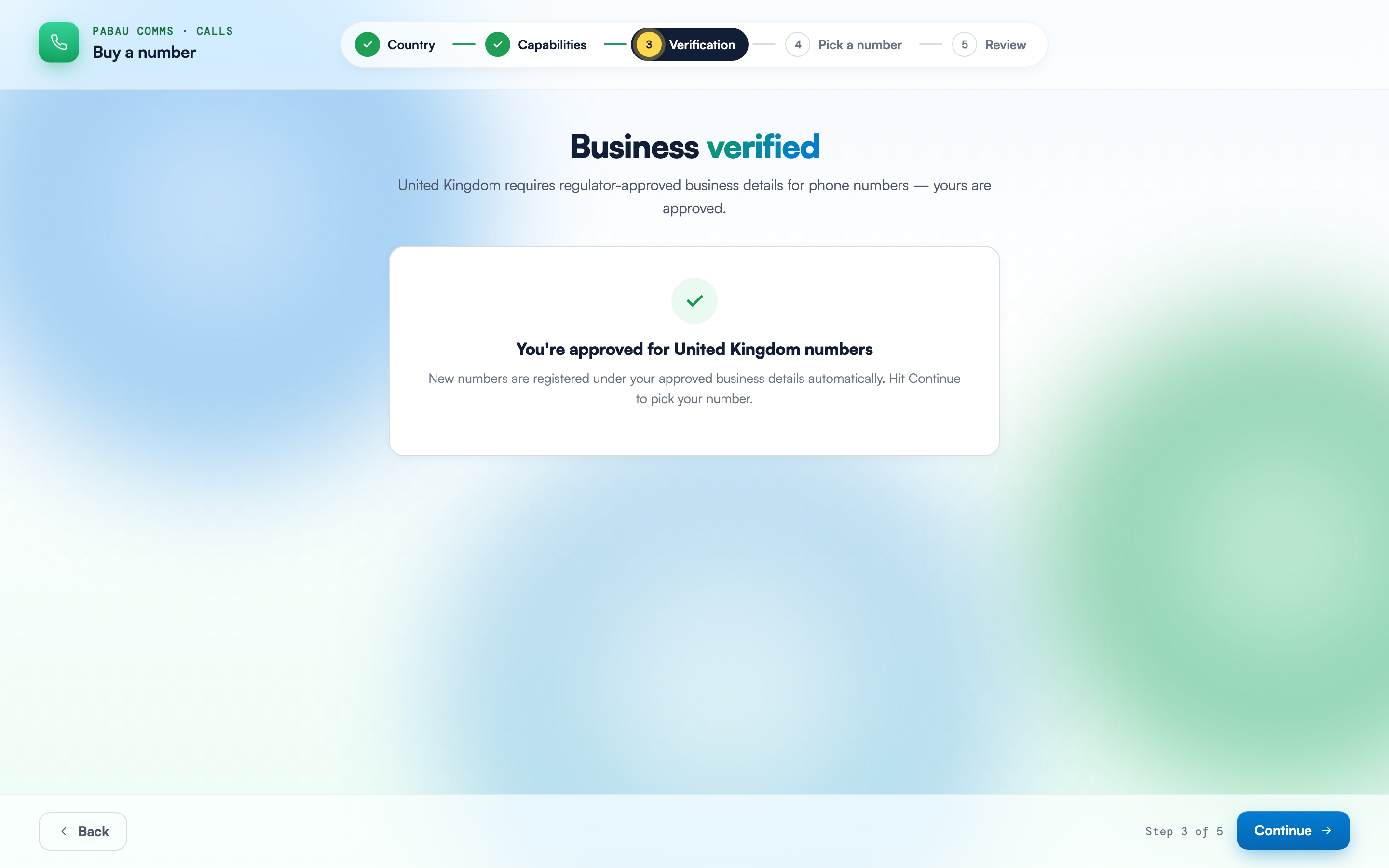 The Verification step approved, showing the You're approved for United Kingdom numbers panel with the Continue button unlocked
