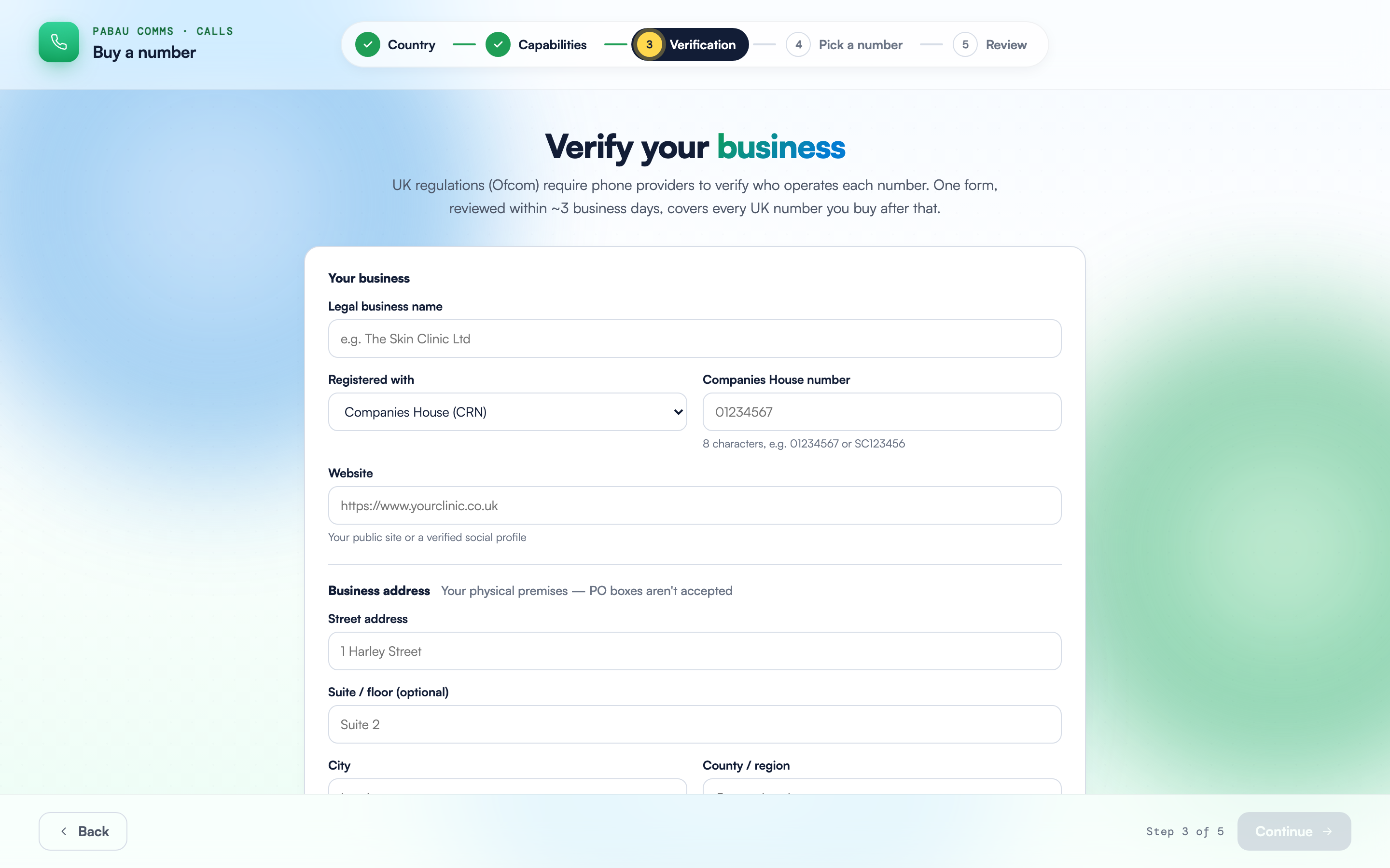 The Verify your business form on the wizard's Verification step, showing the Your business fields and the start of the Business address section