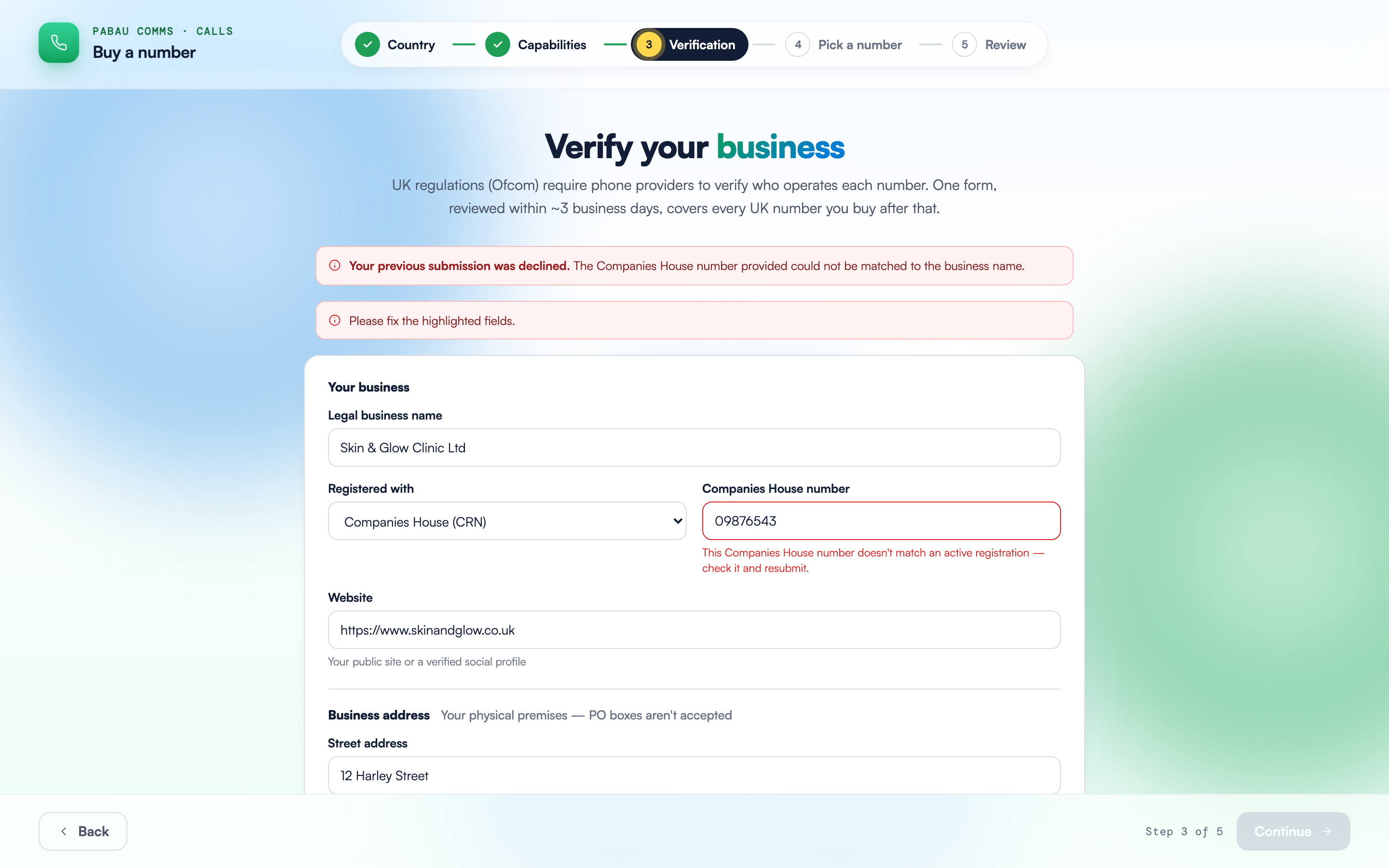 The Verify your business form after a declined submission, showing the decline banner with the reason and a highlighted Companies House number field