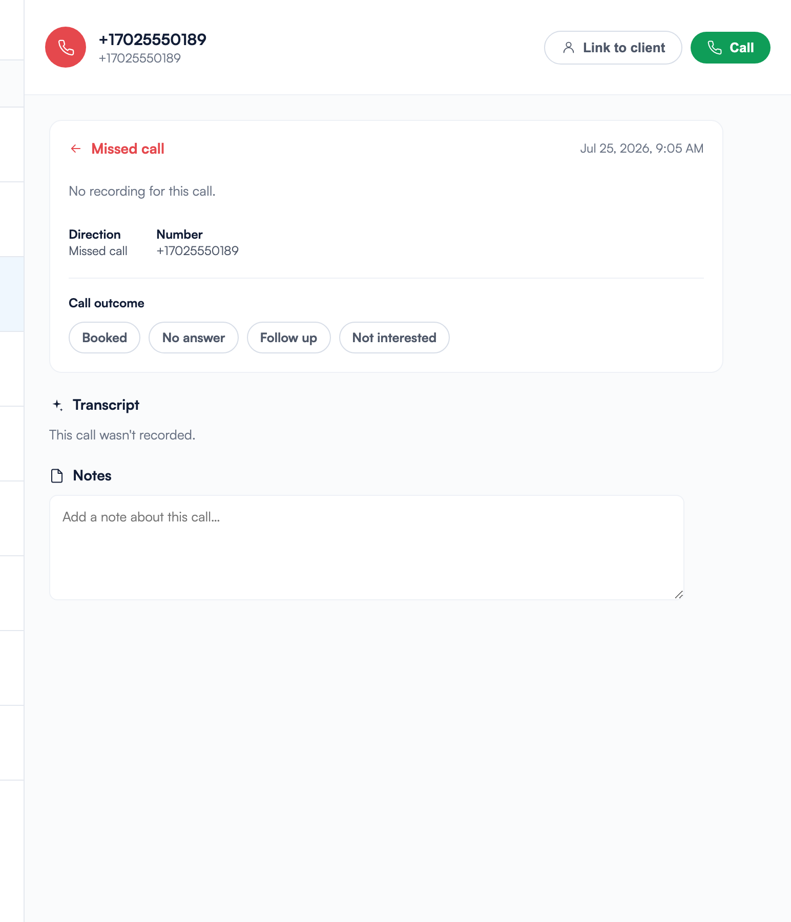 The call detail pane for an unknown caller, showing a red Missed call card, the Link to client and Call buttons, outcome chips, the transcript section and an empty notes box