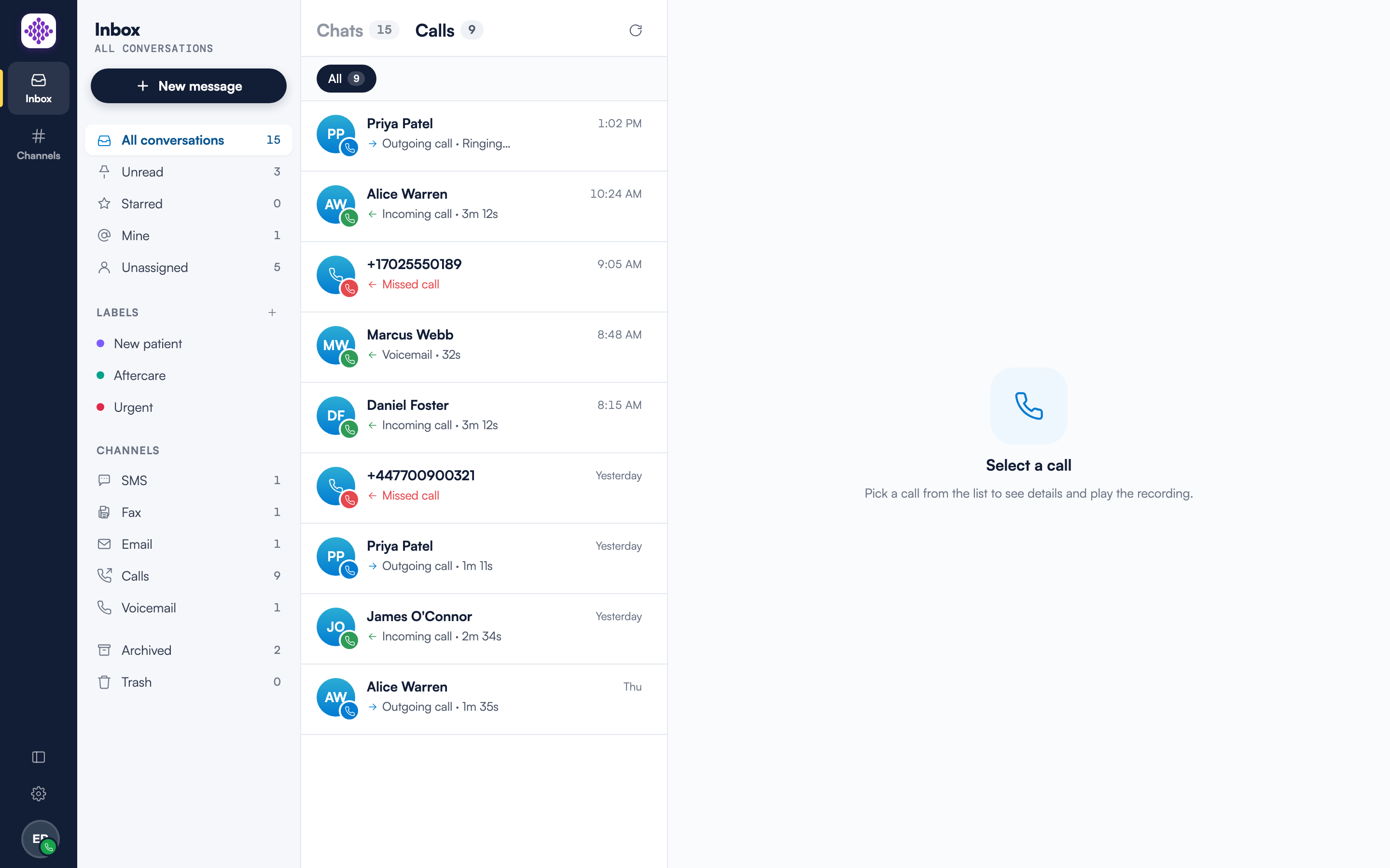 The Calls tab open in the Engage inbox, showing a call log with live, incoming, outgoing, missed and voicemail rows, and the Select a call placeholder in the right pane