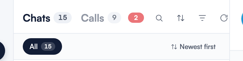 The Chats and Calls toggle with a red badge on the Calls tab indicating two new missed calls