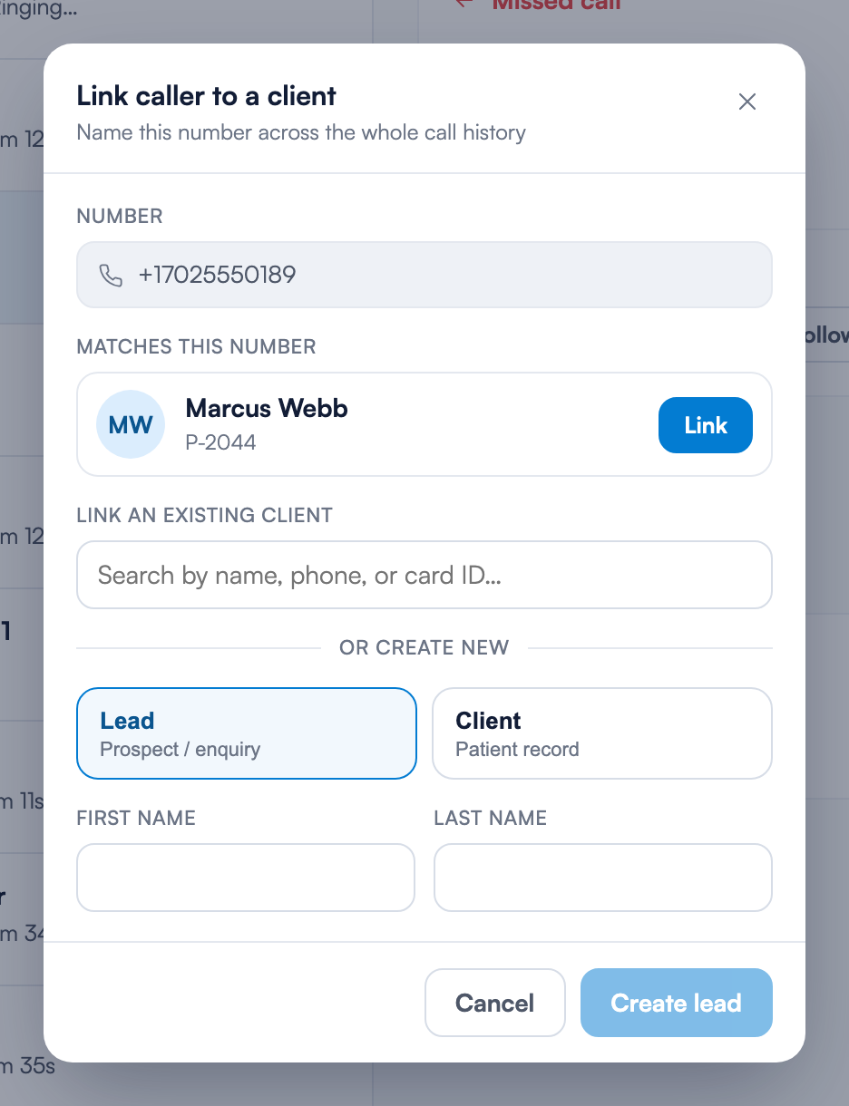 The Link caller to a client dialog, showing the read-only Number field, a suggested match with a Link button, the client search field, and the Lead and Client options with name fields