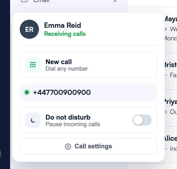The calling-status popover in the Receiving calls state, showing the New call action, an assigned number with a green dot, the Do not disturb toggle switched off, and the Call settings link