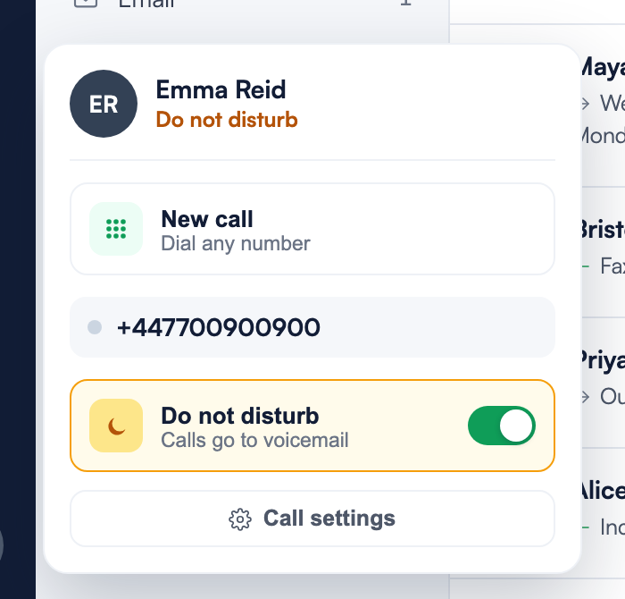 The calling-status popover with Do not disturb switched on, showing the Do not disturb status in amber and the highlighted toggle row reading Calls go to voicemail