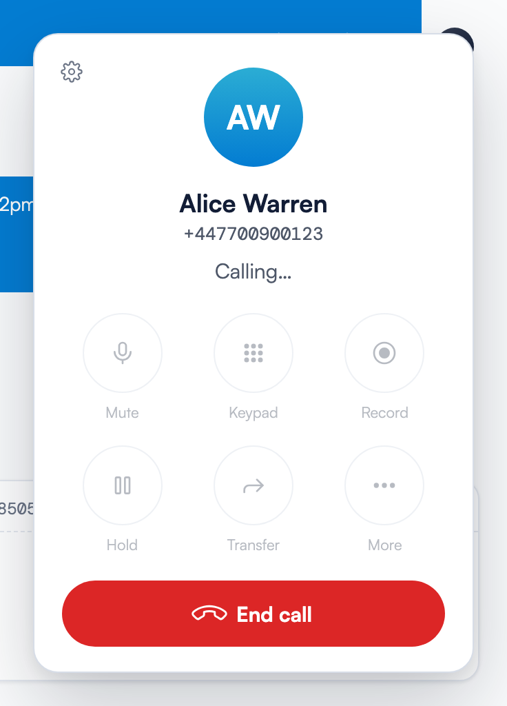 The floating softphone card during an outbound call to Alice Warren, showing the Calling… status, the circular Mute, Keypad, Record, Hold, Transfer and More controls, and the red End call button