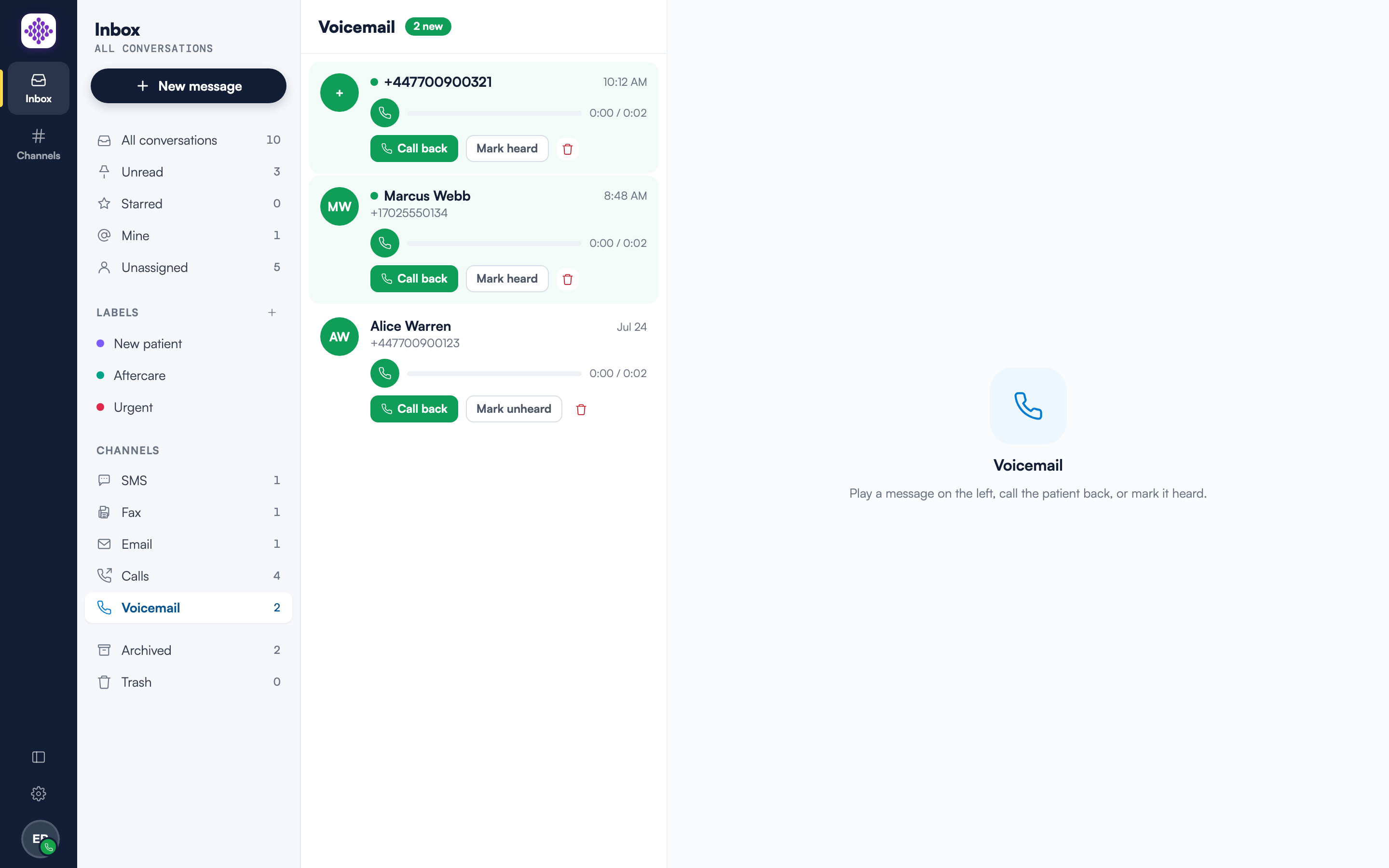 The Voicemail inbox with a 2 new badge, two unheard messages with inline players and Call back, Mark heard and delete actions, and one heard message from Alice Warren
