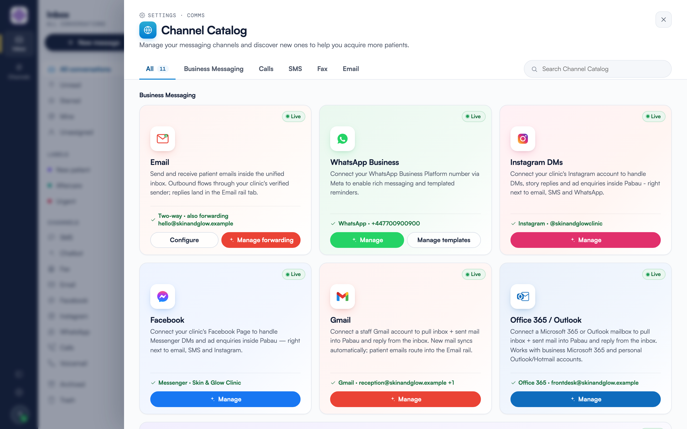 The Channel Catalog with every channel Live, each card showing a green Live ribbon, its connected account or number, and a Manage button
