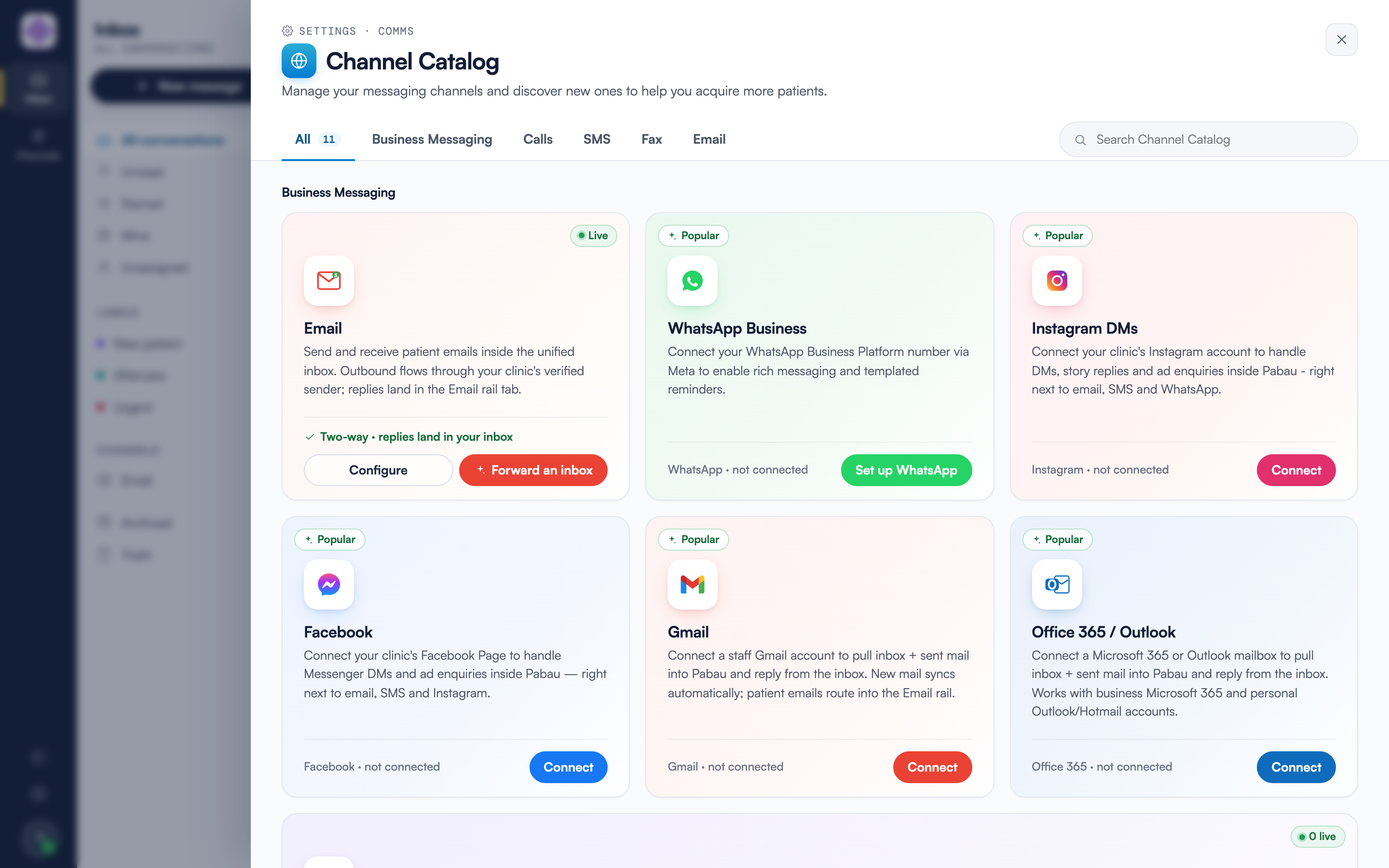 The Channel Catalog on the All tab: the Email card shows a green Live ribbon, while the WhatsApp Business, Instagram DMs, Facebook, Gmail and Office 365 / Outlook cards show Popular ribbons with Connect and Set up buttons.