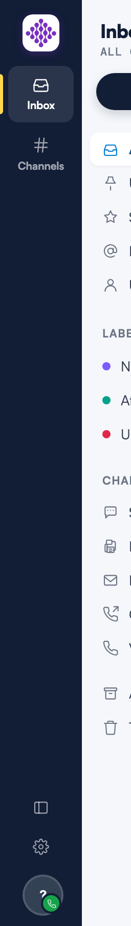 The Engage navigation rail with the Channels button below Inbox and the settings cog at the bottom