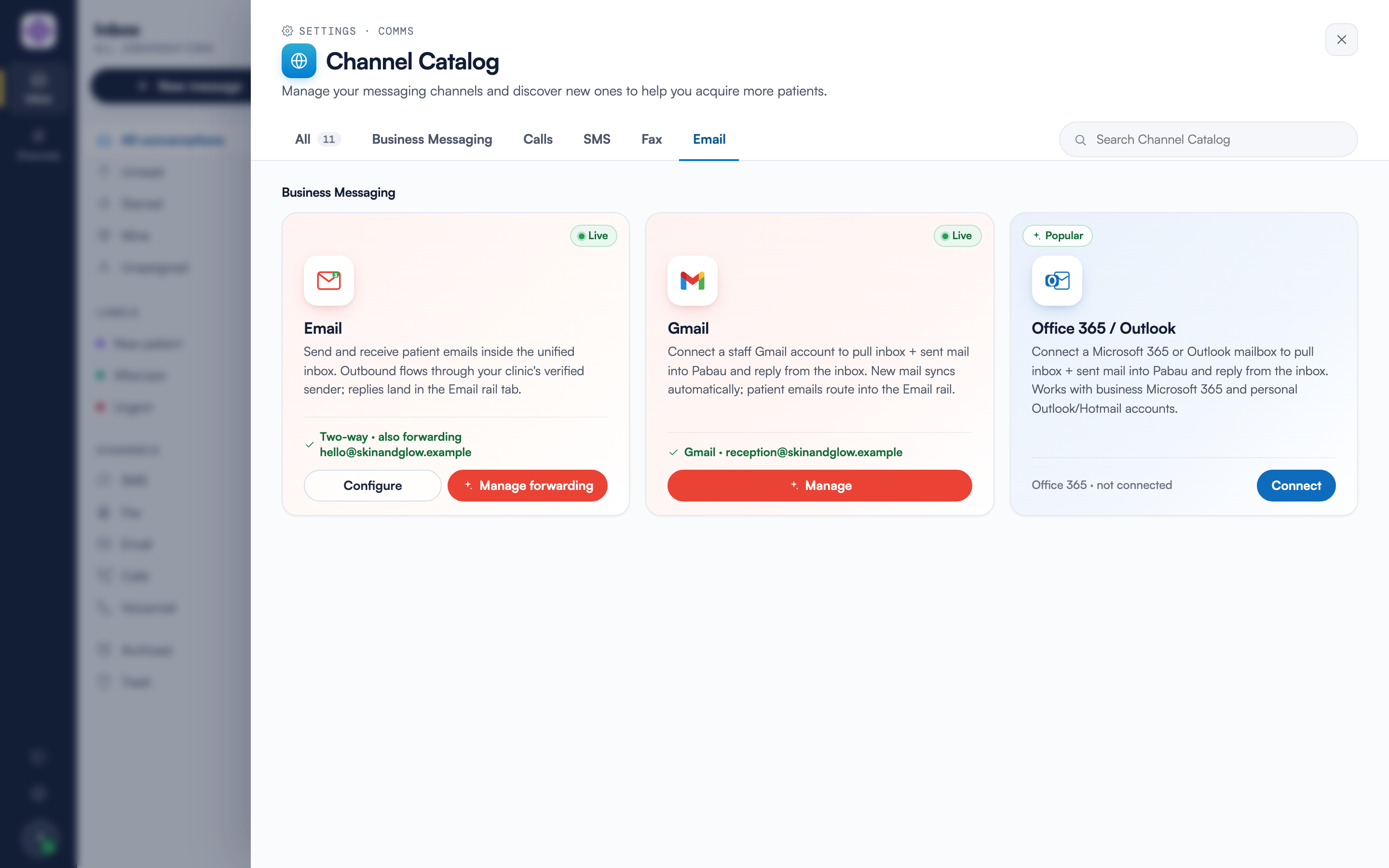 The Channel Catalog on the Email tab showing the built-in Email card with a Live ribbon, a connected Gmail card, and a not-yet-connected Office 365 / Outlook card