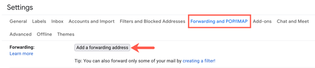 Gmail settings with the Forwarding and POP/IMAP tab open and the Add a forwarding address button highlighted