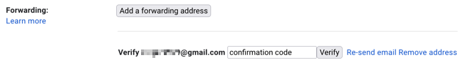 Gmail's Forwarding settings showing the Verify box where the confirmation code is pasted, next to the Verify button