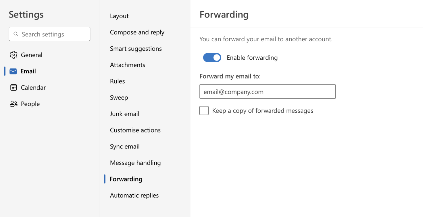 Outlook's Forwarding settings with Enable forwarding switched on, the Forward my email to field filled in, and the Keep a copy of forwarded messages checkbox