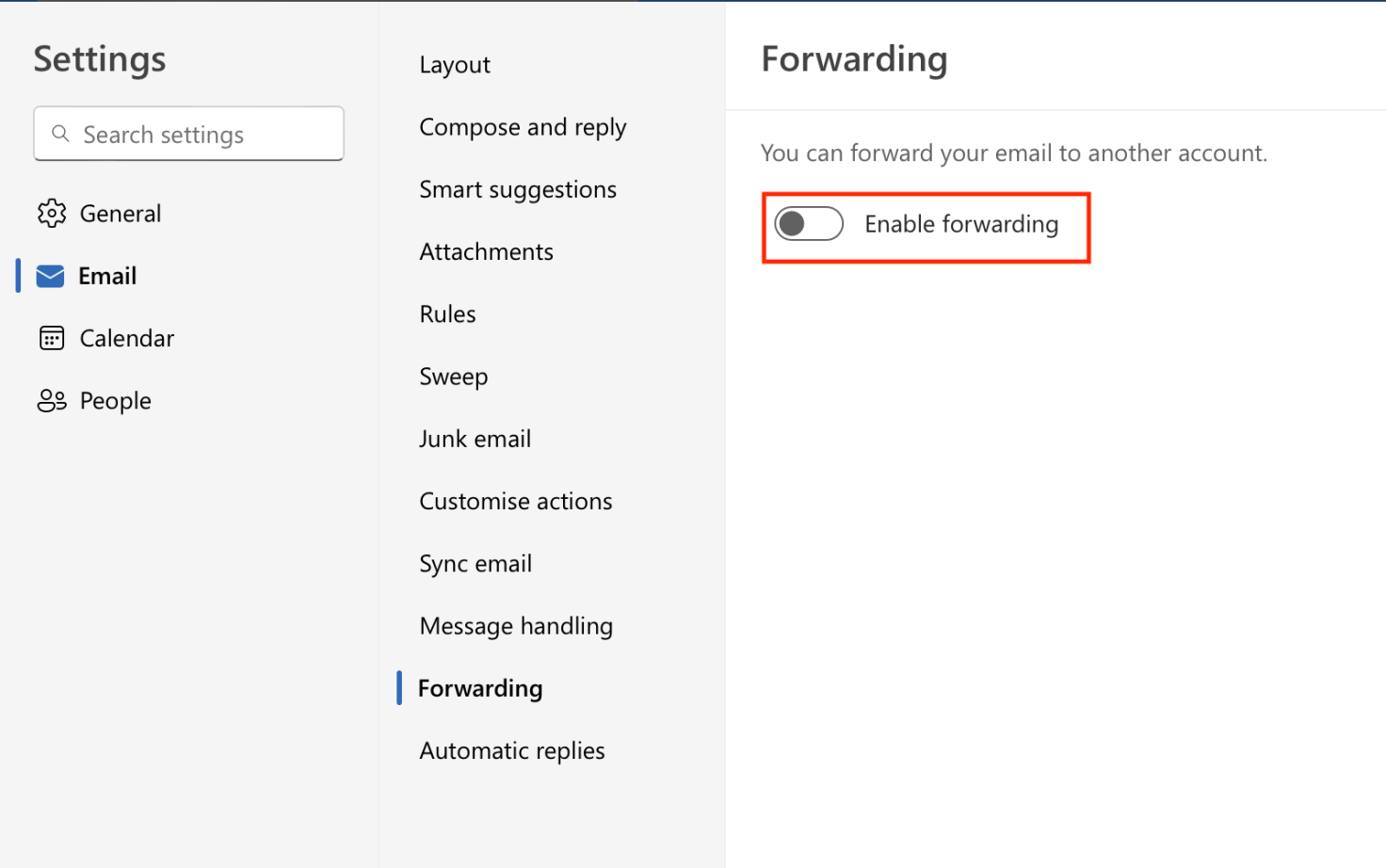 Outlook settings showing the Email section with the Forwarding page open and the Enable forwarding toggle highlighted