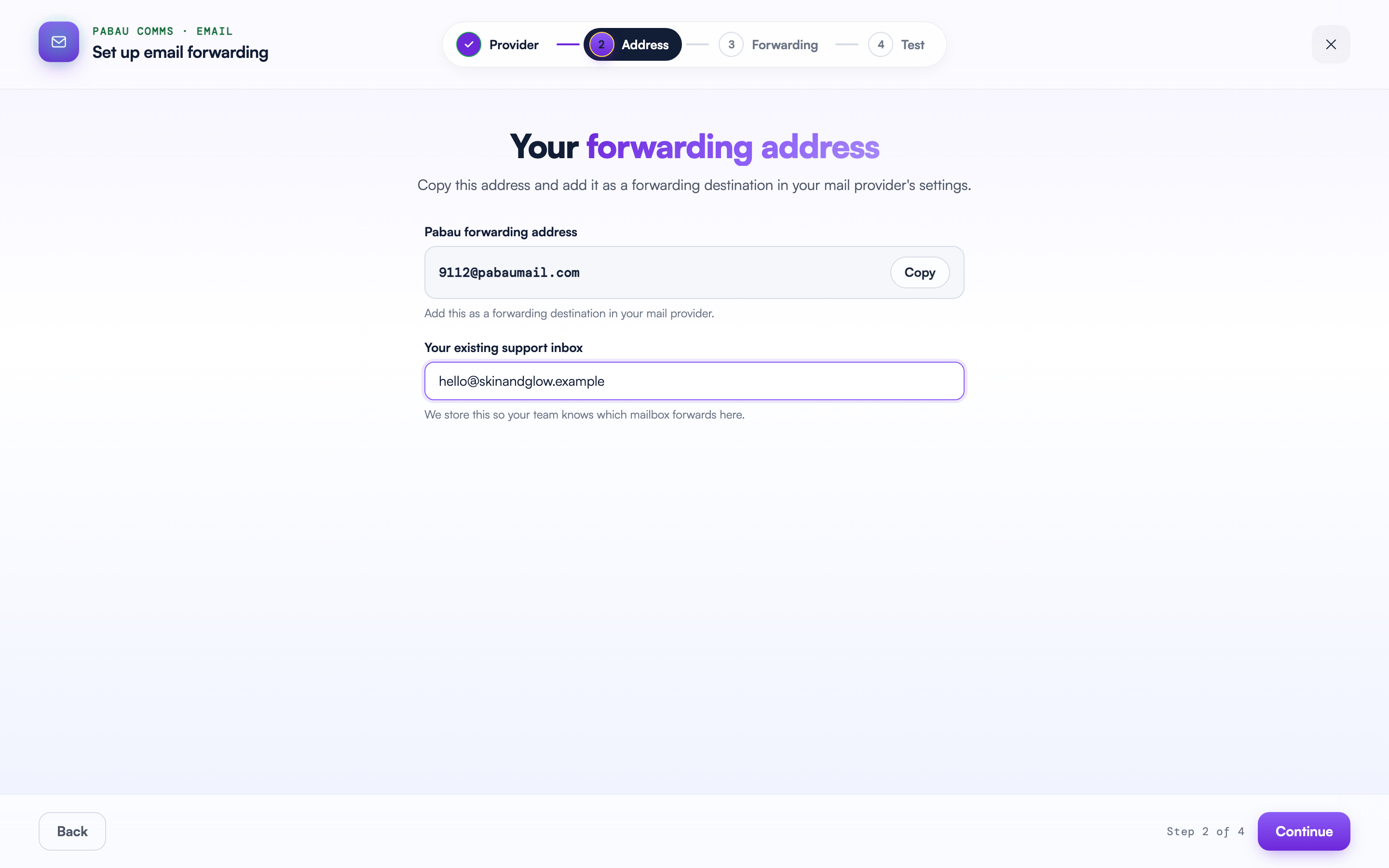 The email forwarding wizard on the Address step, showing the Pabau forwarding address with a Copy button and the existing support inbox field filled in