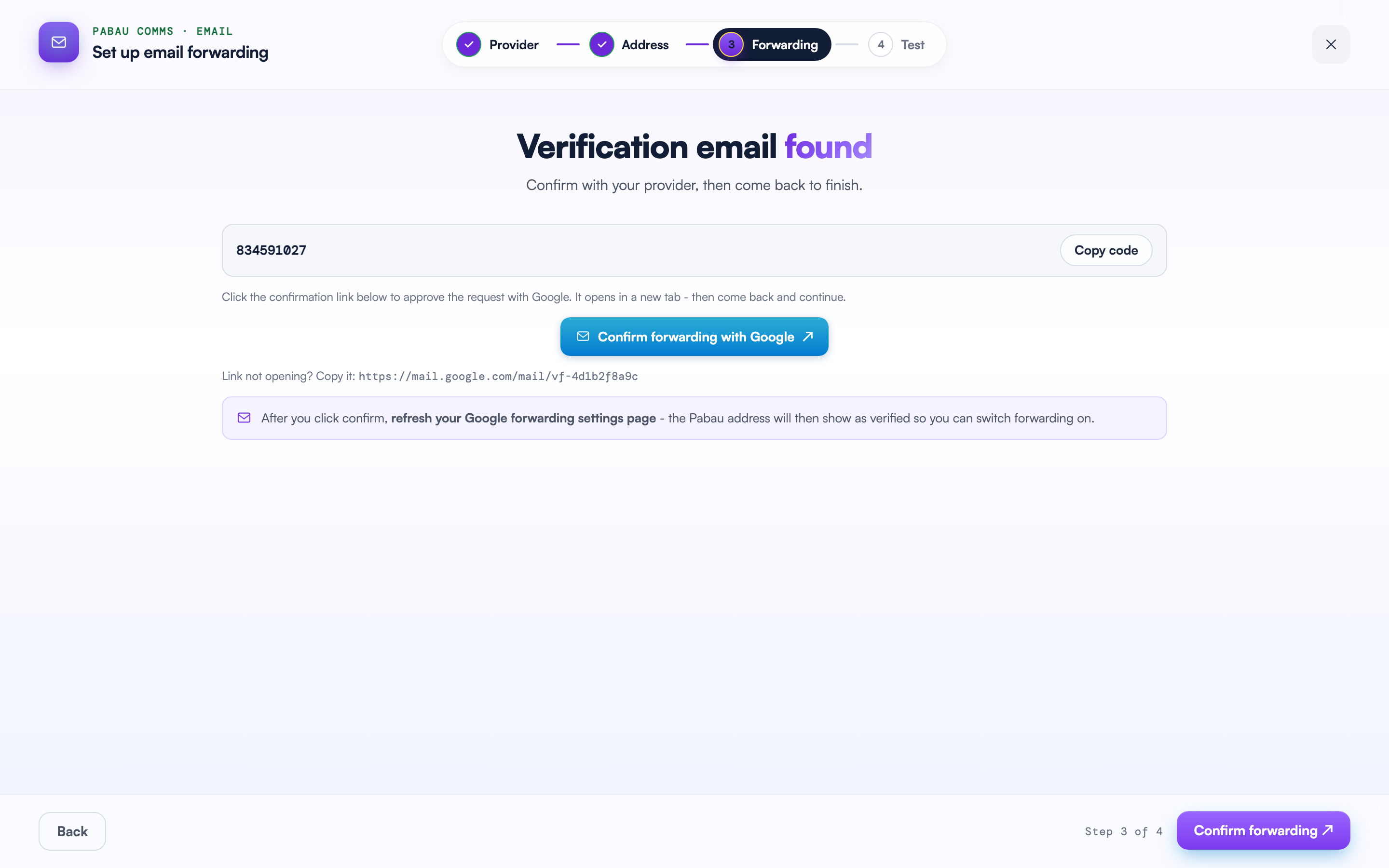 The Verification email found screen showing Gmail's confirmation code with a Copy code button and the Confirm forwarding with Google link