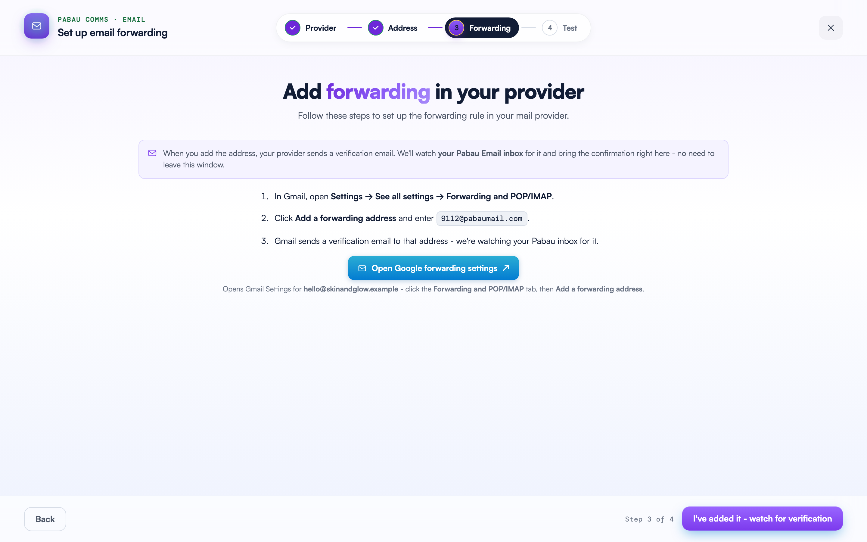 The Forwarding step showing the Gmail instructions for adding the Pabau forwarding address, with the Open Google forwarding settings link