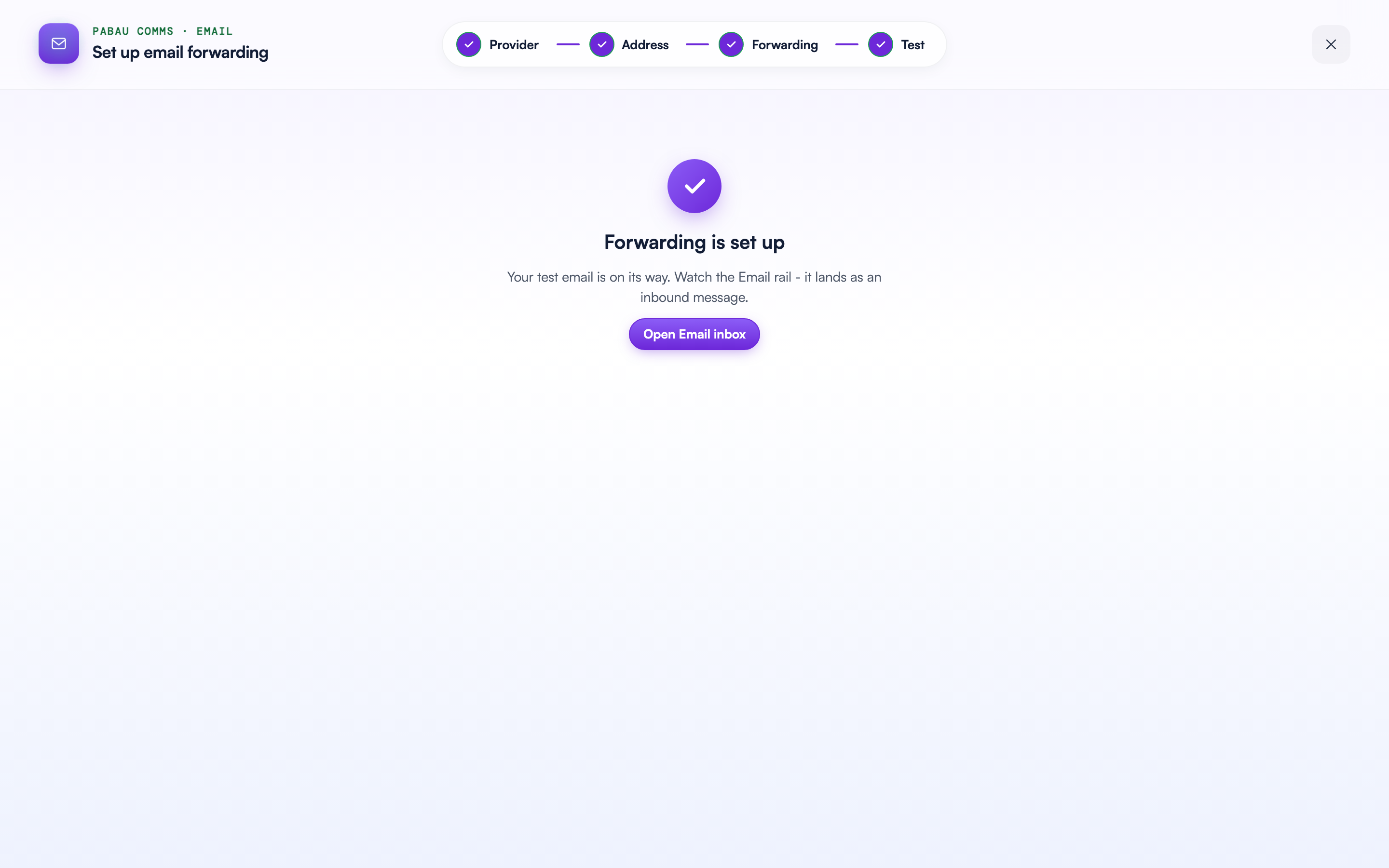 The Forwarding is set up screen with all four wizard steps complete and the Open Email inbox button