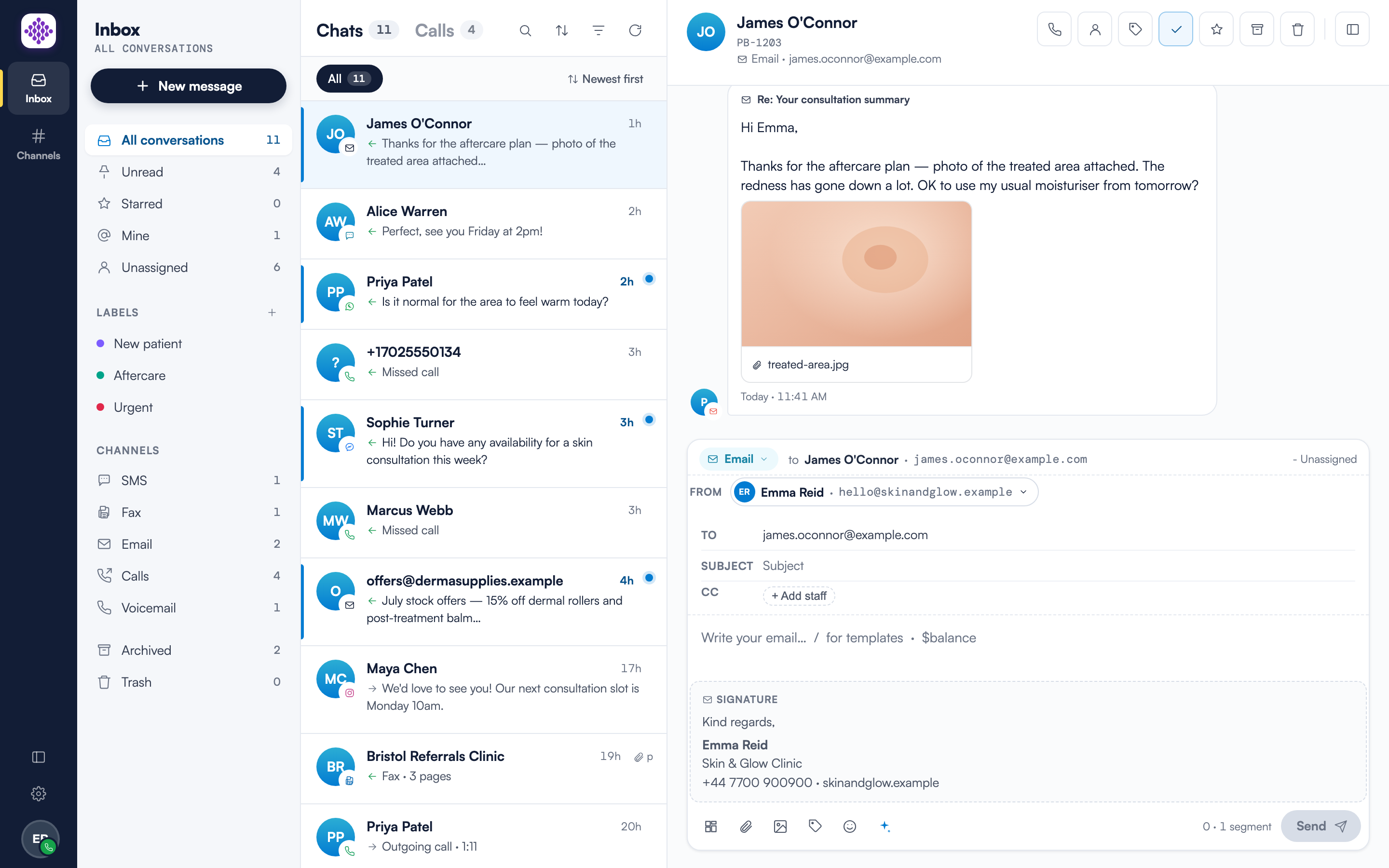A client email conversation in the Email tab showing the subject pill, the message body, an image attachment card, and the email composer below