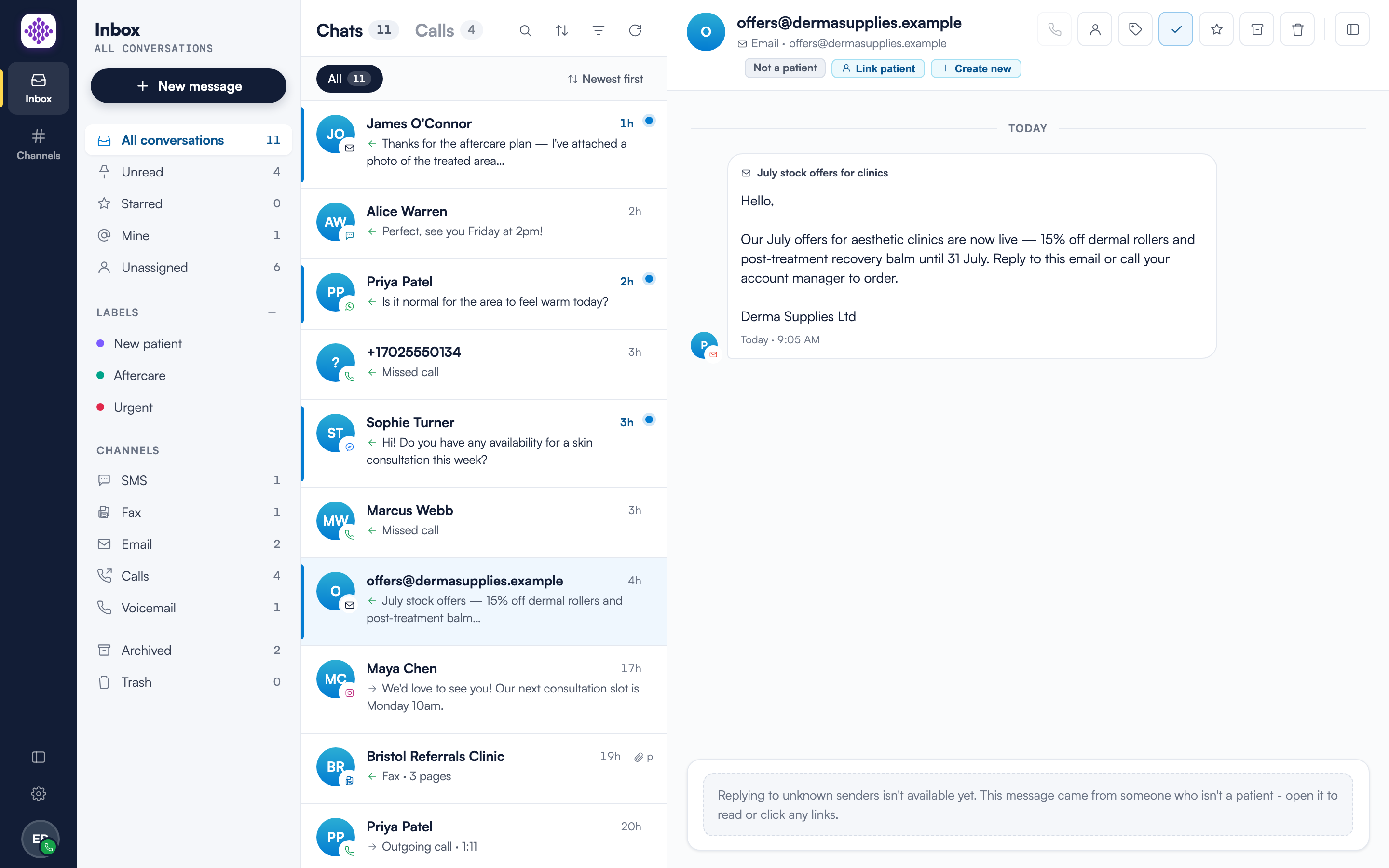 An email conversation from an unknown sender with the Not a patient badge, Link patient and Create new buttons, and the read-only reply notice at the bottom