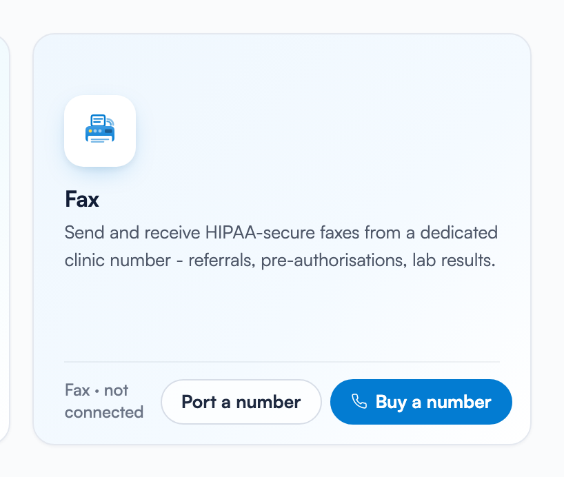 The Fax card in the Channel Catalog before a number is owned, showing the status Fax · not connected with Port a number and Buy a number buttons