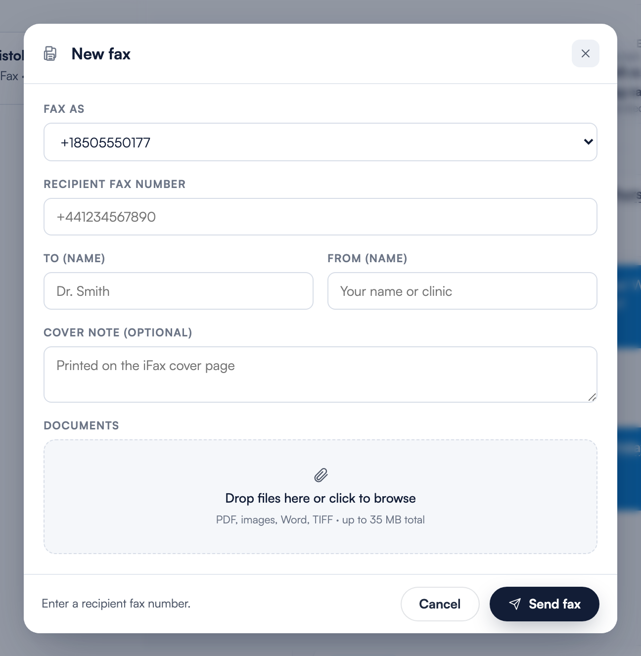 The New fax window in its blank state, with the clinic's sending number selected under Fax as, an empty Recipient fax number field, To and From name fields, a cover note box, and the Documents drop zone