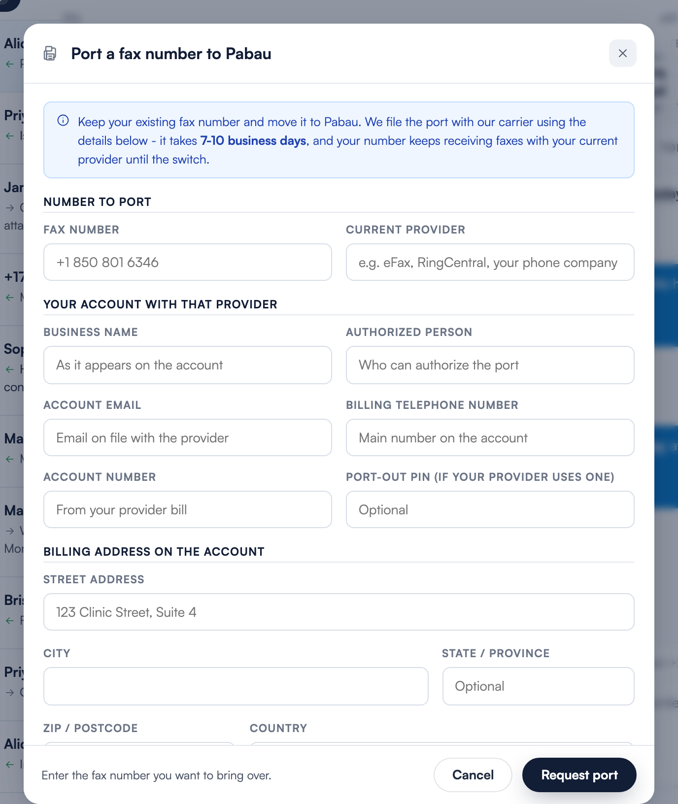 The empty Port a fax number to Pabau form with the blue info banner explaining the 7-10 business day timeline, the Number to Port and provider account fields, and the Request port button disabled