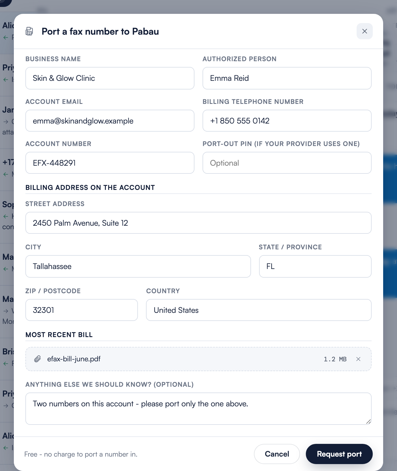 A completed port request form with the provider account details and billing address filled in, the provider bill attached with a Remove button, and the footer reading Free - no charge to port a number in.