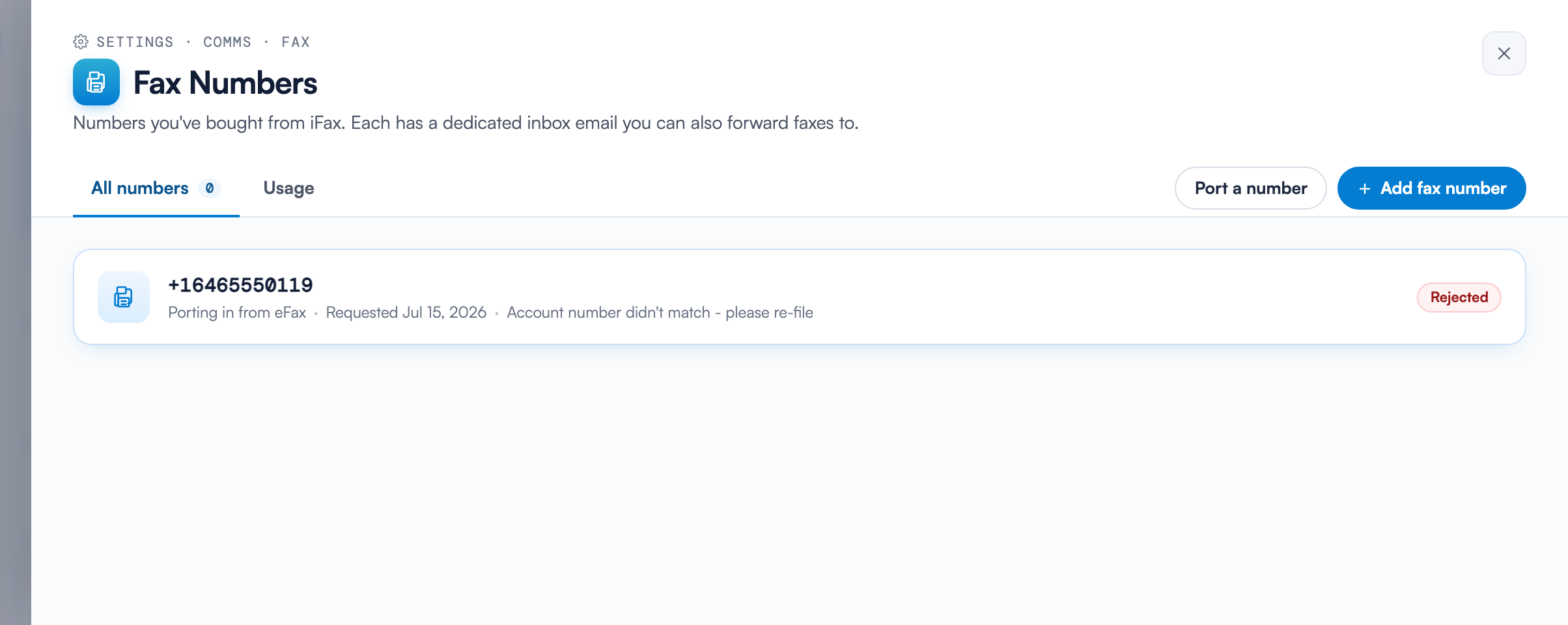 Settings · Fax Numbers showing a rejected fax port request with the red Rejected pill and the reason note "Account number didn't match - please re-file"