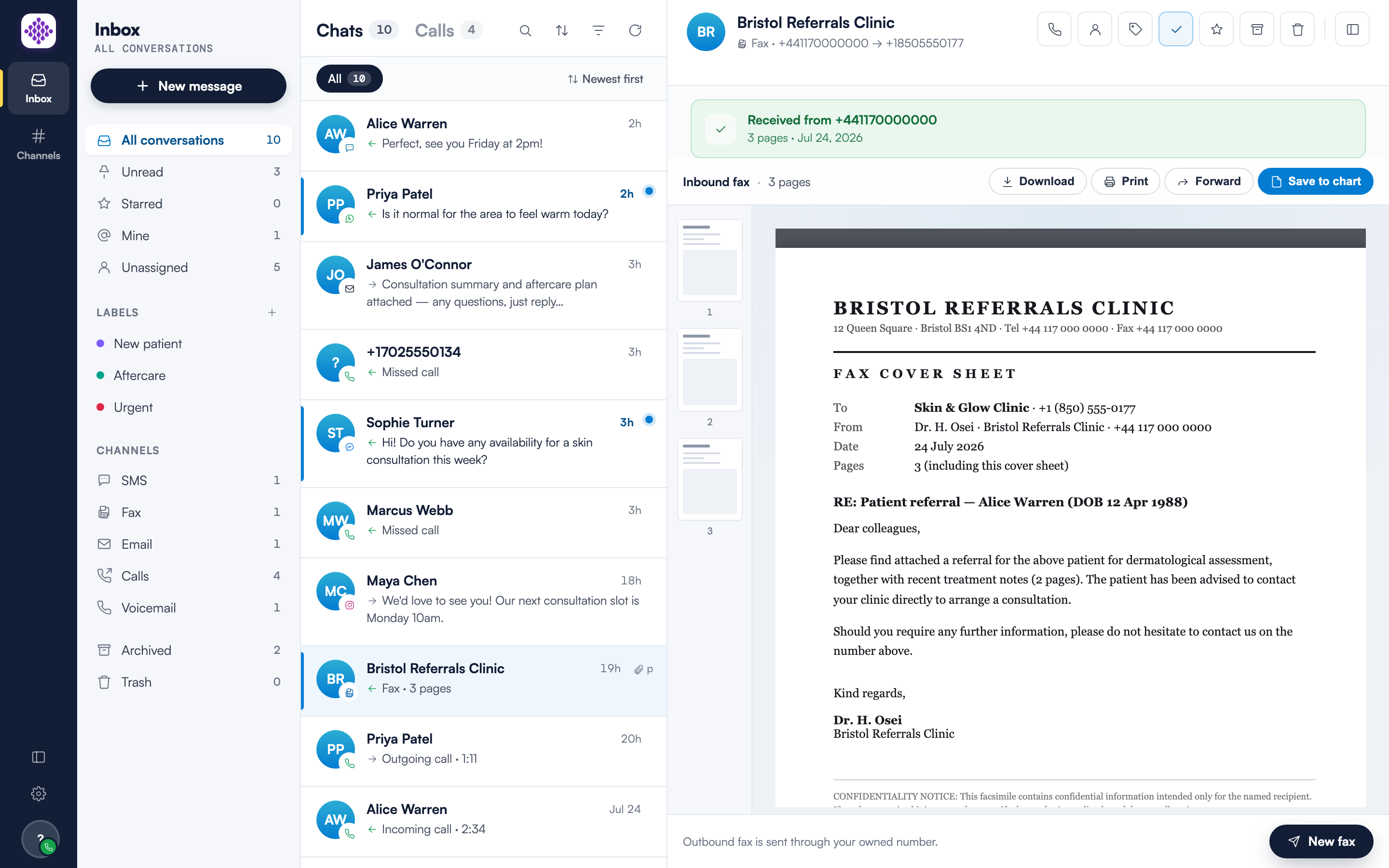 An inbound fax conversation in the Engage inbox, with the green Received from banner, page thumbnails beside the fax preview, and the Download, Print, and Save to chart buttons in the toolbar