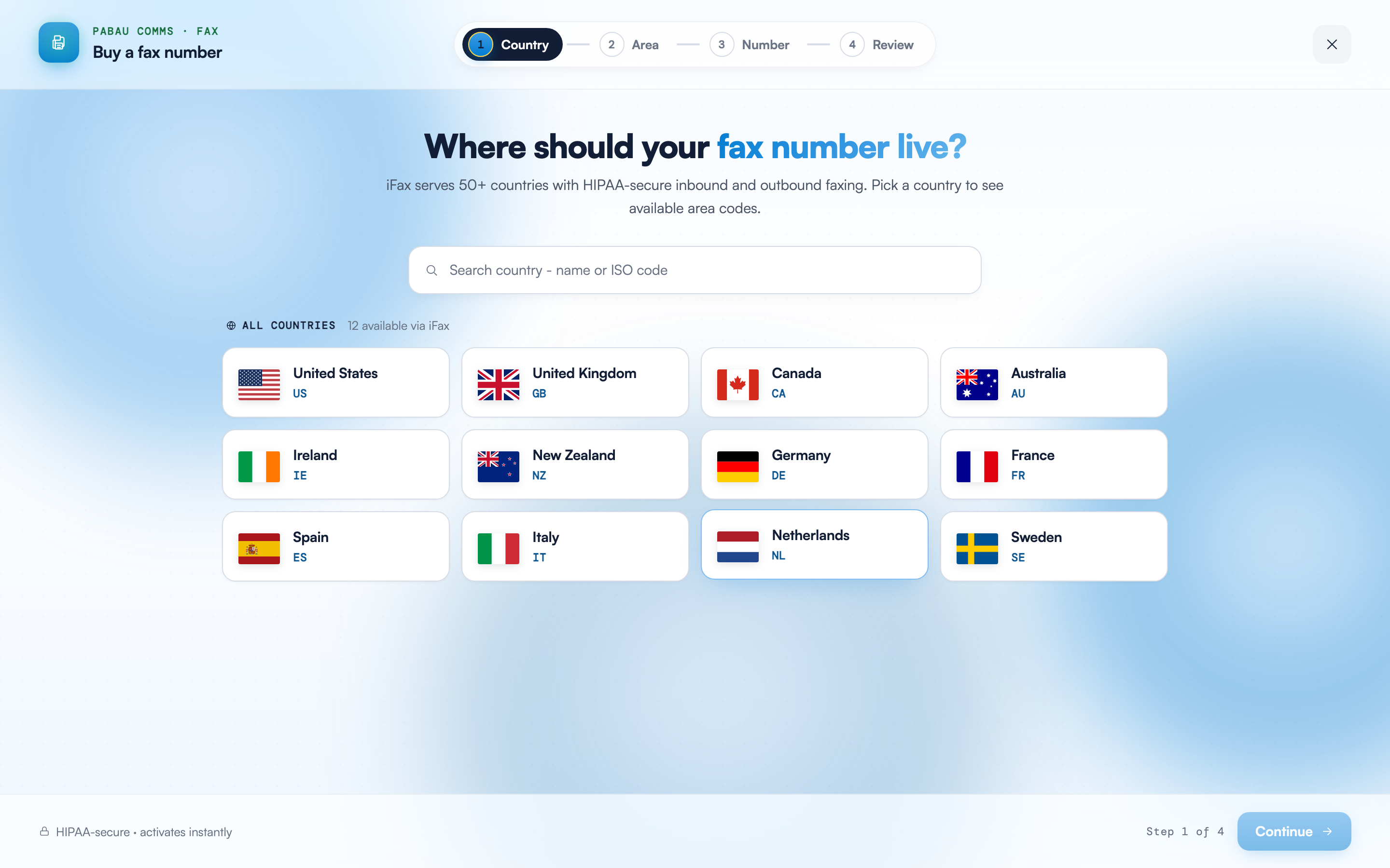 The Buy a fax number wizard on the Country step, with a country search box, a grid of available countries and the HIPAA-secure · activates instantly footer