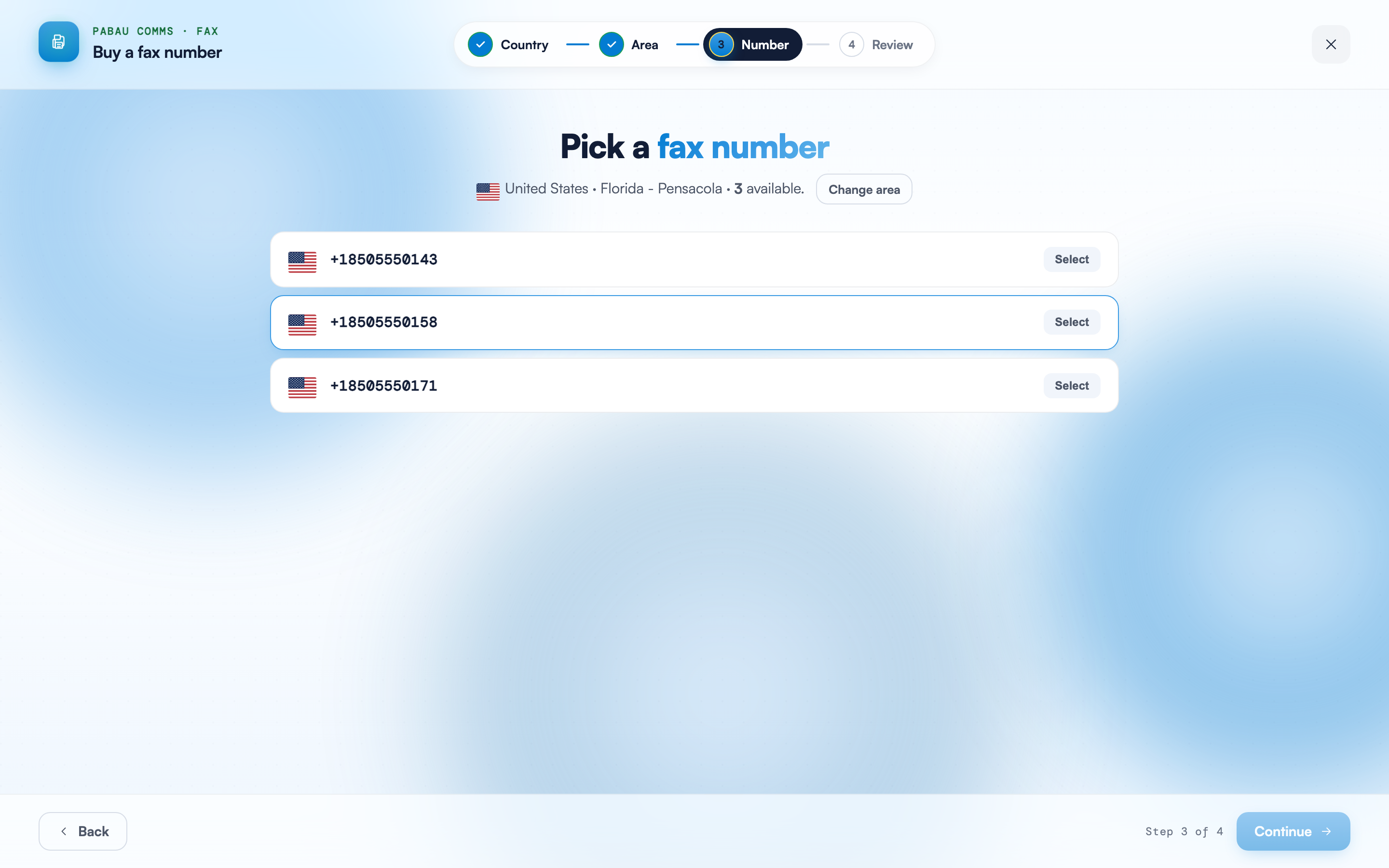 The Number step of the wizard listing three available fax numbers for United States · Florida - Pensacola, each with a Select button