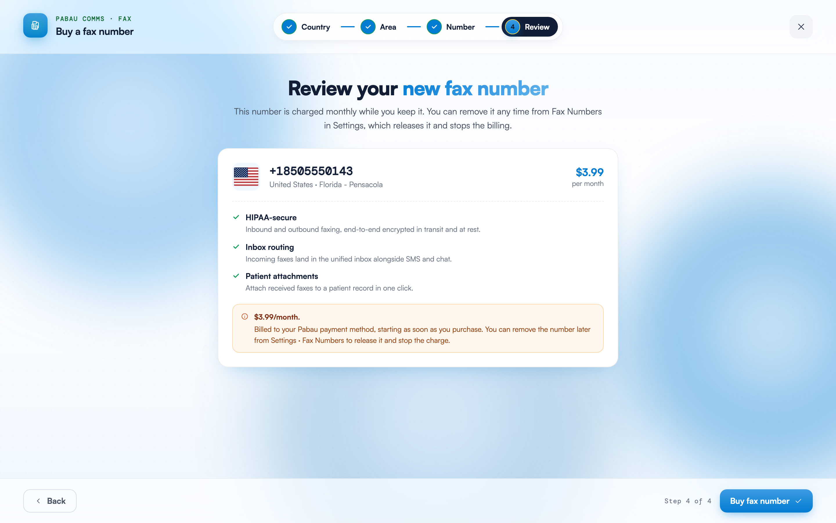 The Review step showing the chosen fax number with $3.99 per month pricing, three included benefits and the billing warning above the Buy fax number button