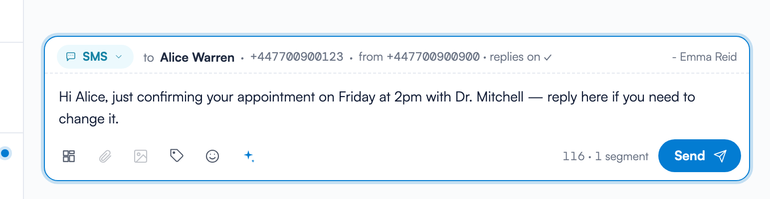 The SMS reply composer with the SMS channel chip, the recipient line showing the sending number and "replies on" with a check mark, a typed message, the tool row, the character counter and the Send button