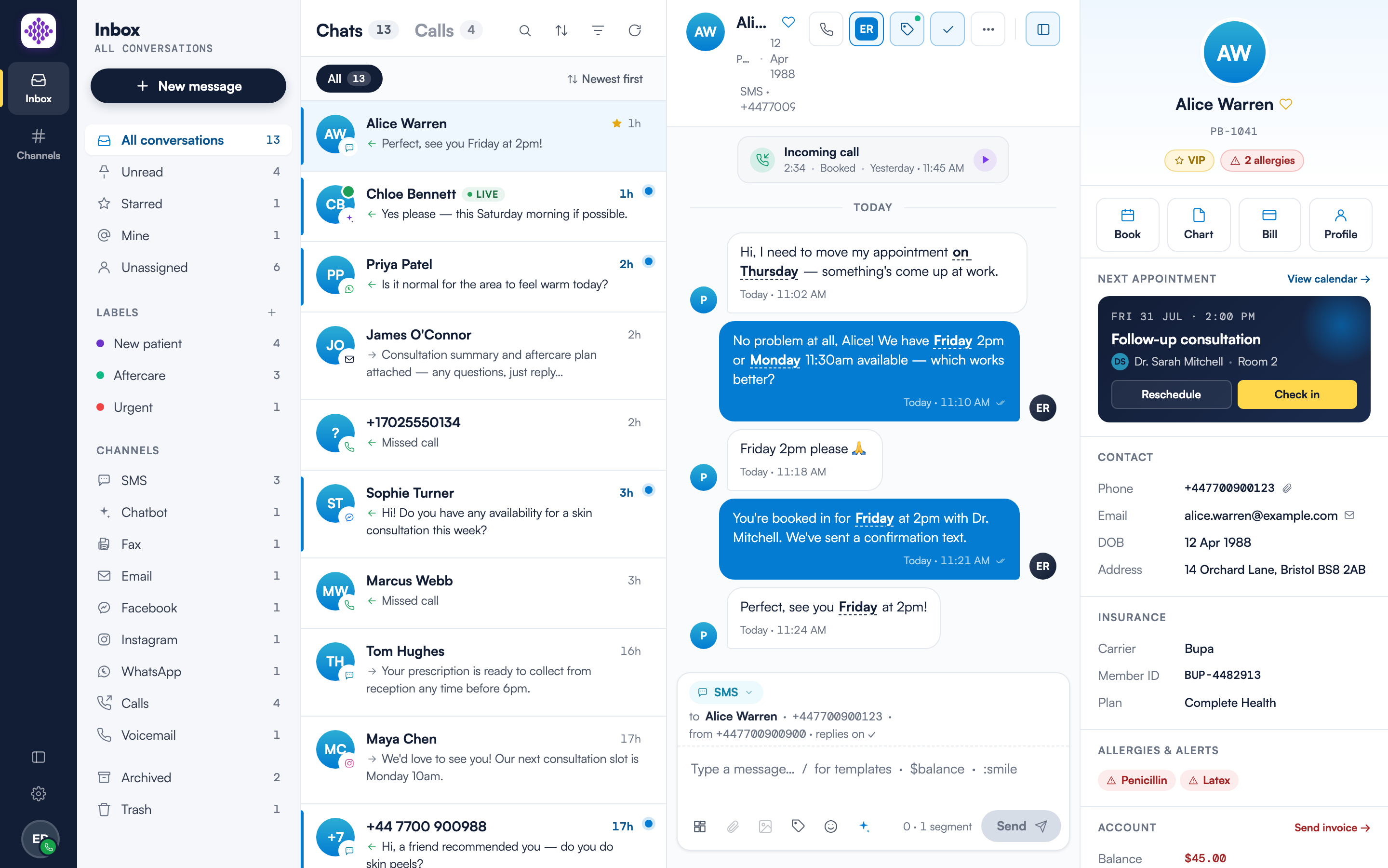 The Engage inbox on desktop: the navigation rail with filters, labels and channels, the conversation list on the Chats tab, an open SMS conversation with the reply composer, and the client panel showing the client's next appointment, contact details and balance