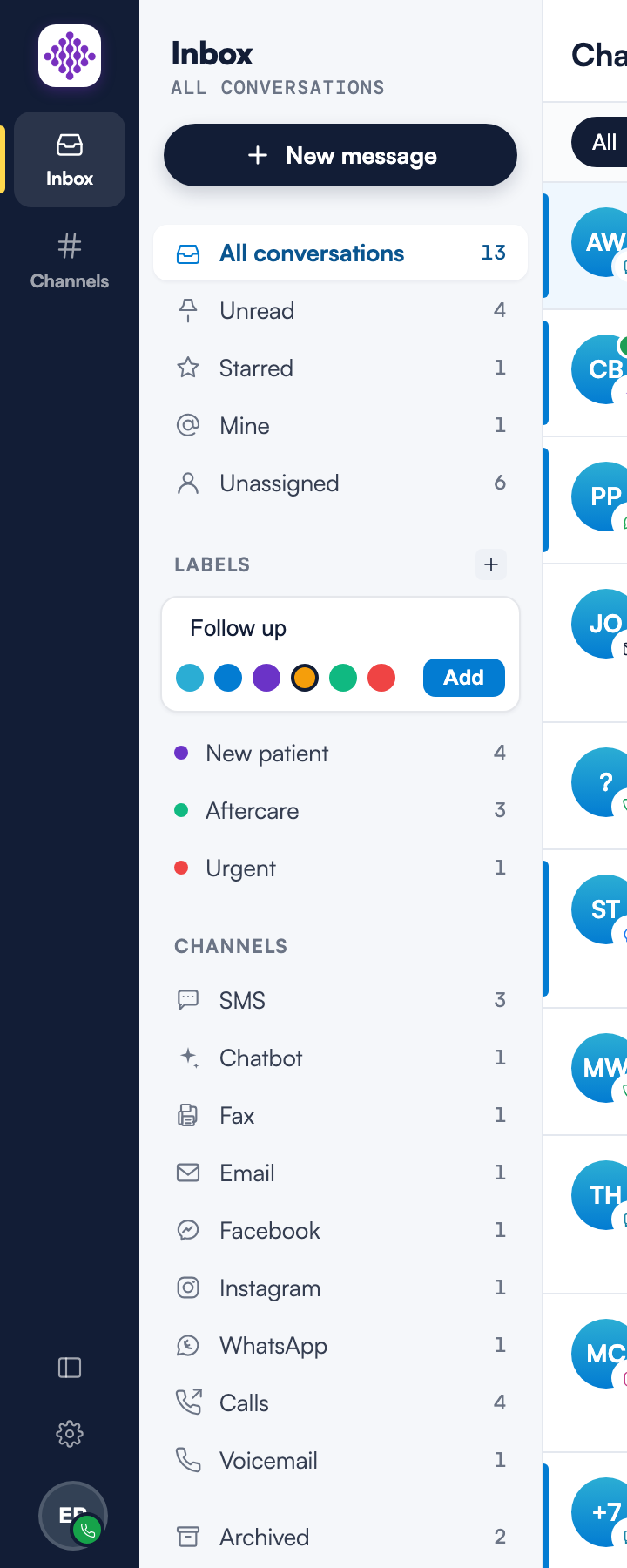 The inline New label form open in the navigation rail, with a label name typed, a colour swatch selected, and the Add button