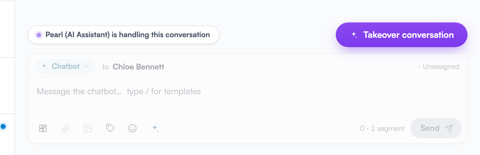 A chatbot conversation with the bar "Pearl (AI Assistant) is handling this conversation" and the purple Takeover conversation button above the dimmed reply composer.