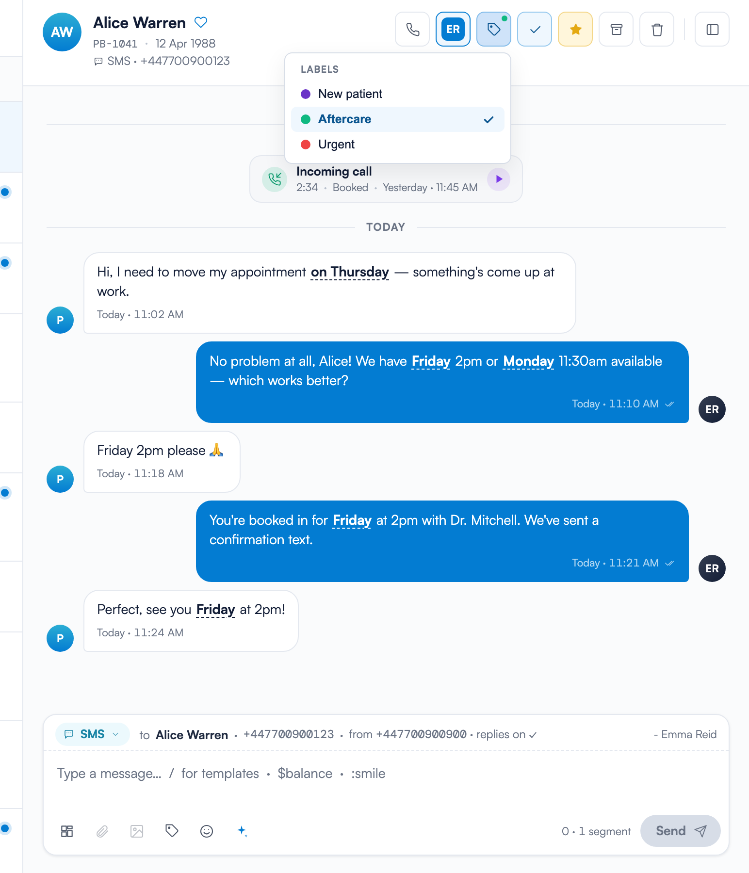 The Labels menu open from the conversation header, showing three colour-coded labels with a check mark on the applied label