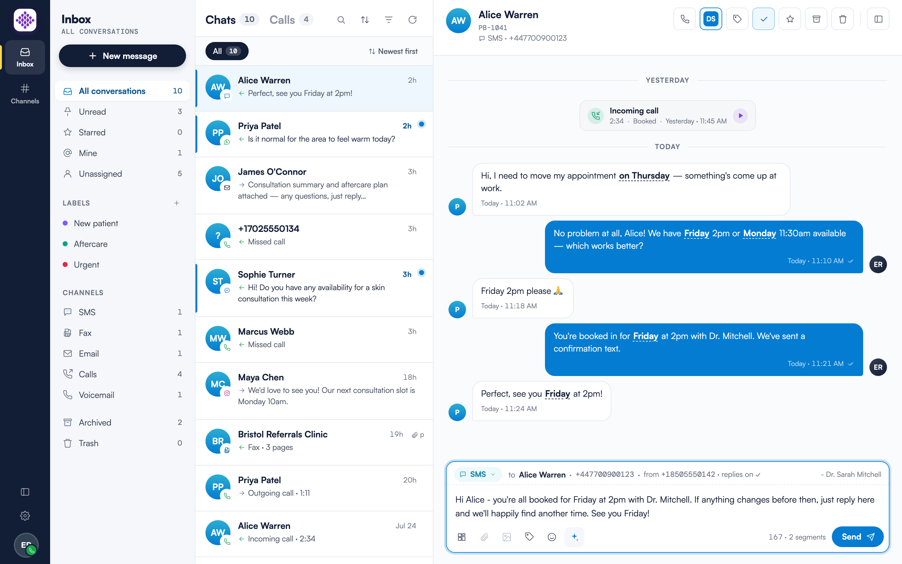 An SMS conversation with the composer filled by the AI draft button: a ready-to-send suggested reply sits in the message box with the character counter showing before anything is sent