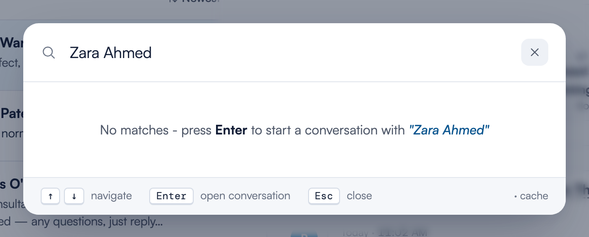 The New message picker with a name that matches no clients, showing the "No matches - press Enter to start a conversation" state