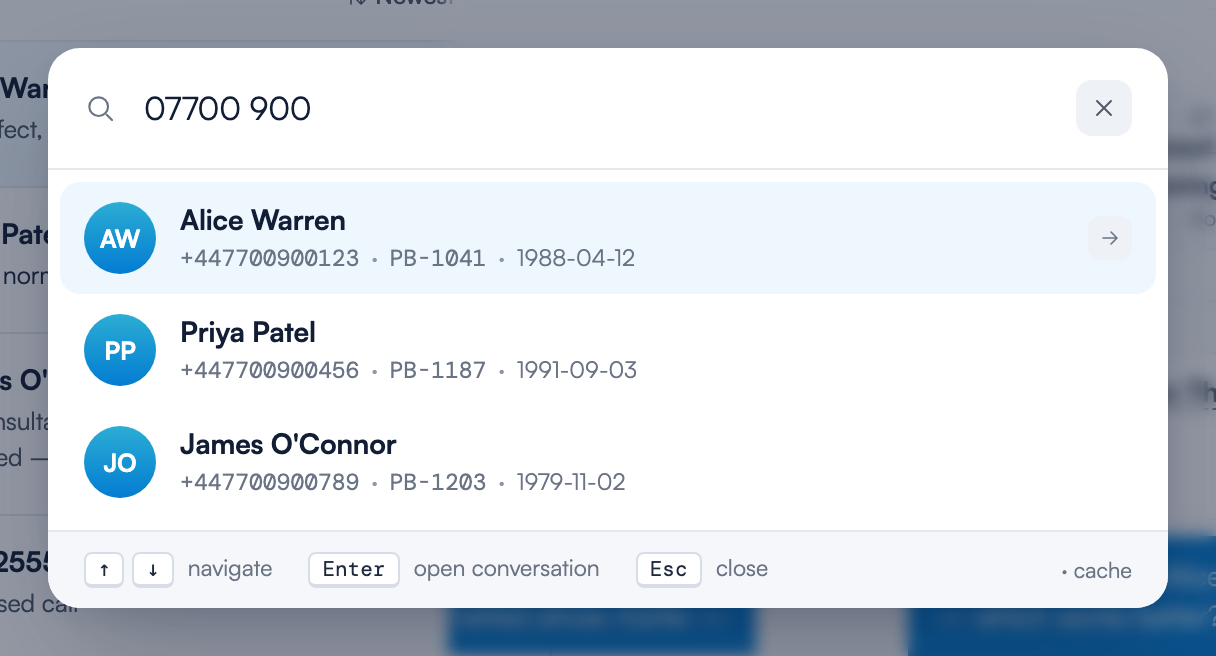 The New message picker with a phone number typed, showing three matching clients with their phone numbers, card IDs and dates of birth