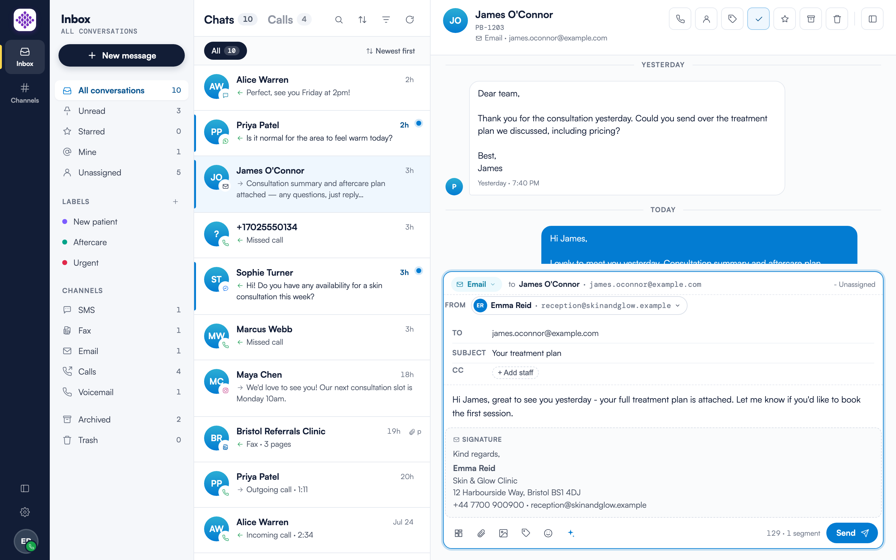 The email reply composer with From, To, Subject and Cc rows above the message, and the Signature preview block showing the signature that will be appended automatically at send
