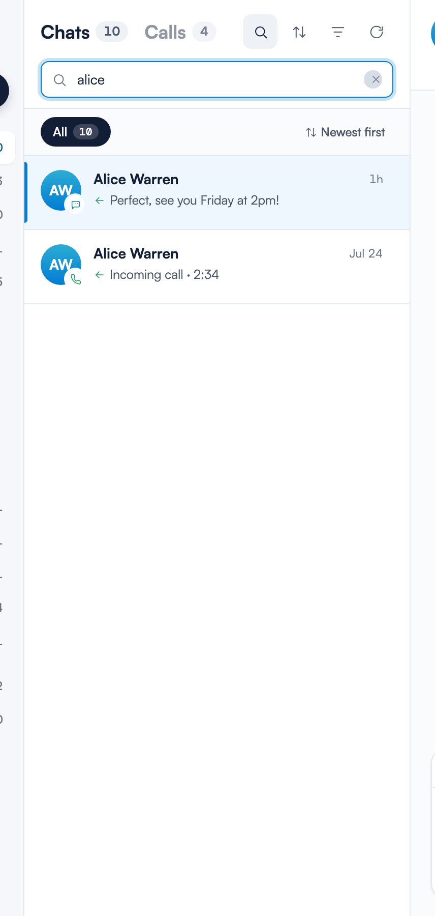 The conversation list with search open below the Chats and Calls tabs, a name typed into the search field, and the list narrowed to that client's conversation and call