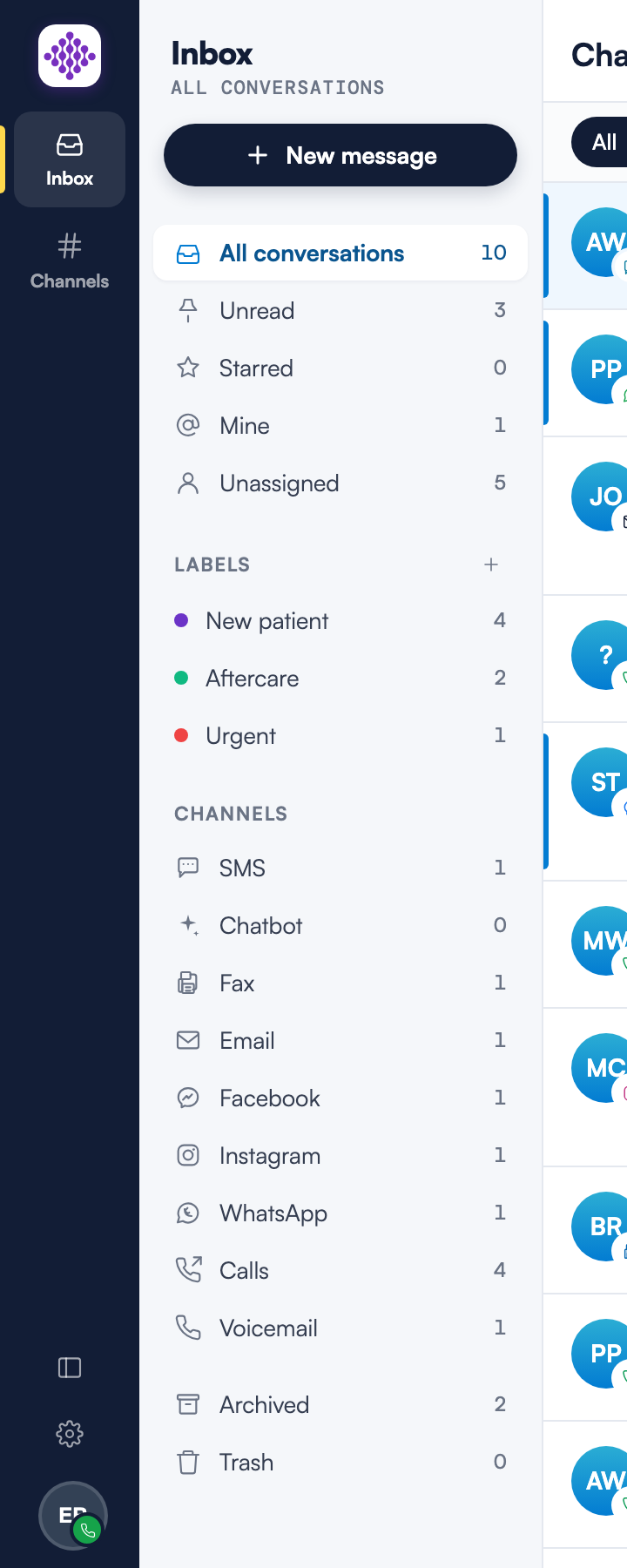 The Engage navigation rail with the New message button at the top, above the conversation filters, labels and channels