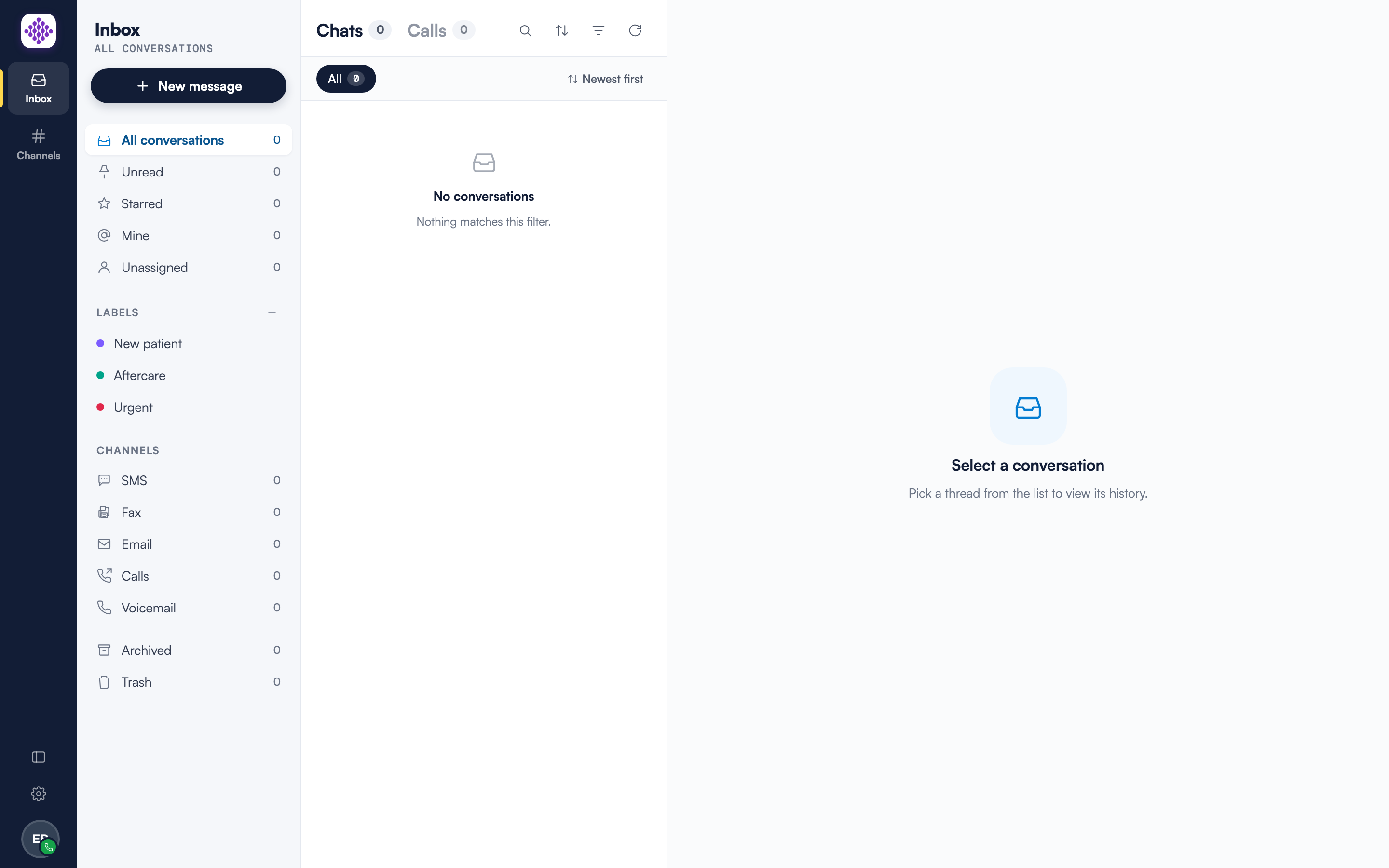 The Engage inbox before any conversations arrive: the list shows No conversations and the conversation pane shows the Select a conversation empty state