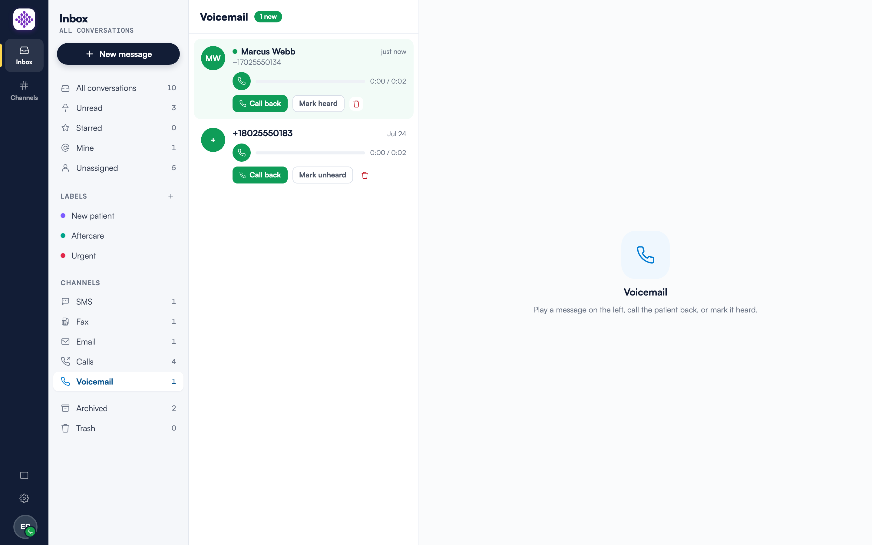 The Voicemail inbox showing an unheard message with a Mark heard button and a heard message with a Mark unheard button
