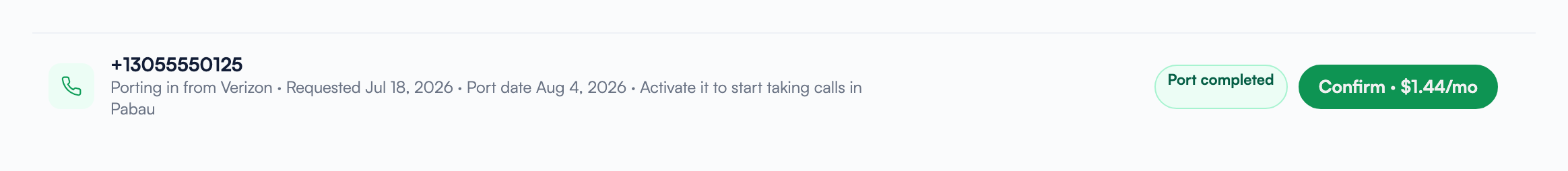 The second step of activation, where the button shows the priced confirmation Confirm · $1.44/mo next to the Port completed pill